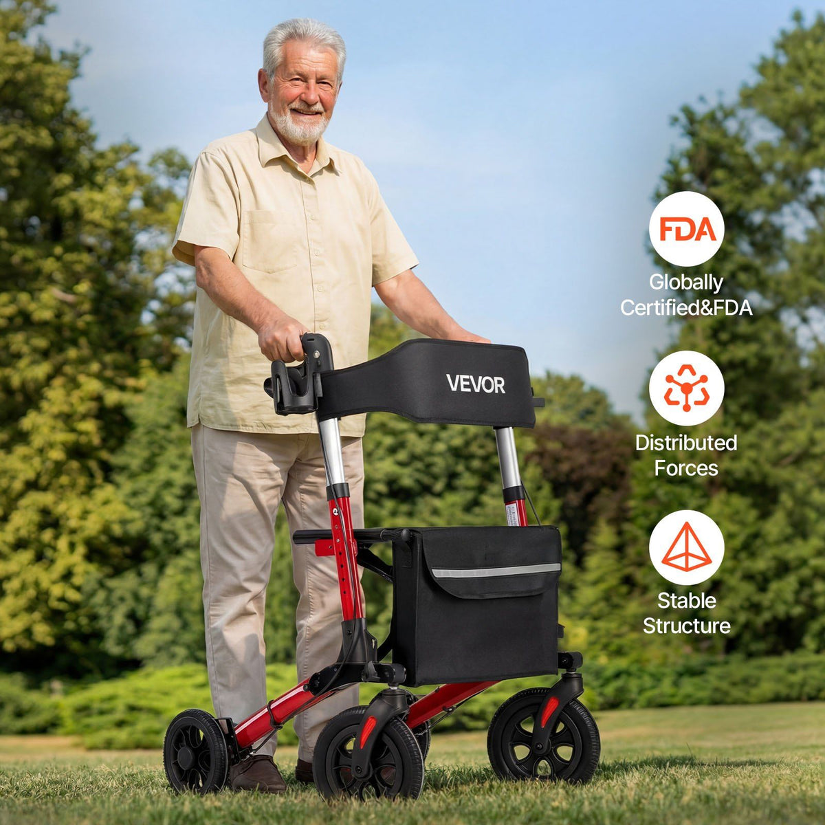 Rollator Walker with Seat for Seniors, Ultra Compact 3-Fold Rolling Walker, Lightweight Aluminum Mobility Walking Aid with PU Solid Wheels, Adjustable Handle, Cup & Cane Holder - Supports 136kg