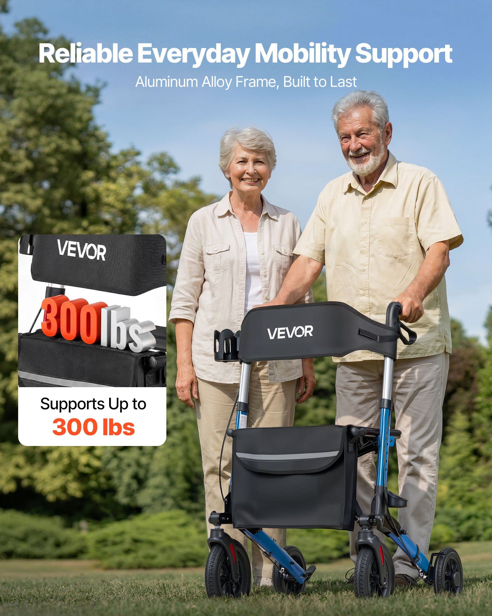 Rollator Walker with Seat for Seniors, Ultra Compact 3-Fold Rolling Walker, Lightweight Aluminum Mobility Walking Aid with PU Solid Wheels, Adjustable Handle, Cup & Cane Holder - Supports 136kg