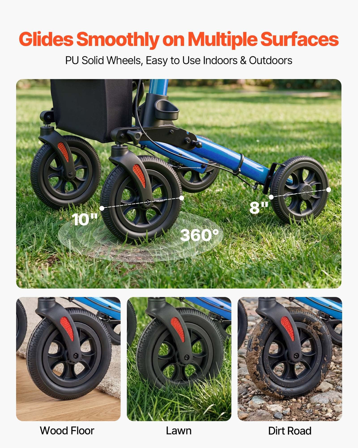 Rollator Walker with Seat for Seniors, Ultra Compact 3-Fold Rolling Walker, Lightweight Aluminum Mobility Walking Aid with PU Solid Wheels, Adjustable Handle, Cup & Cane Holder - Supports 136kg
