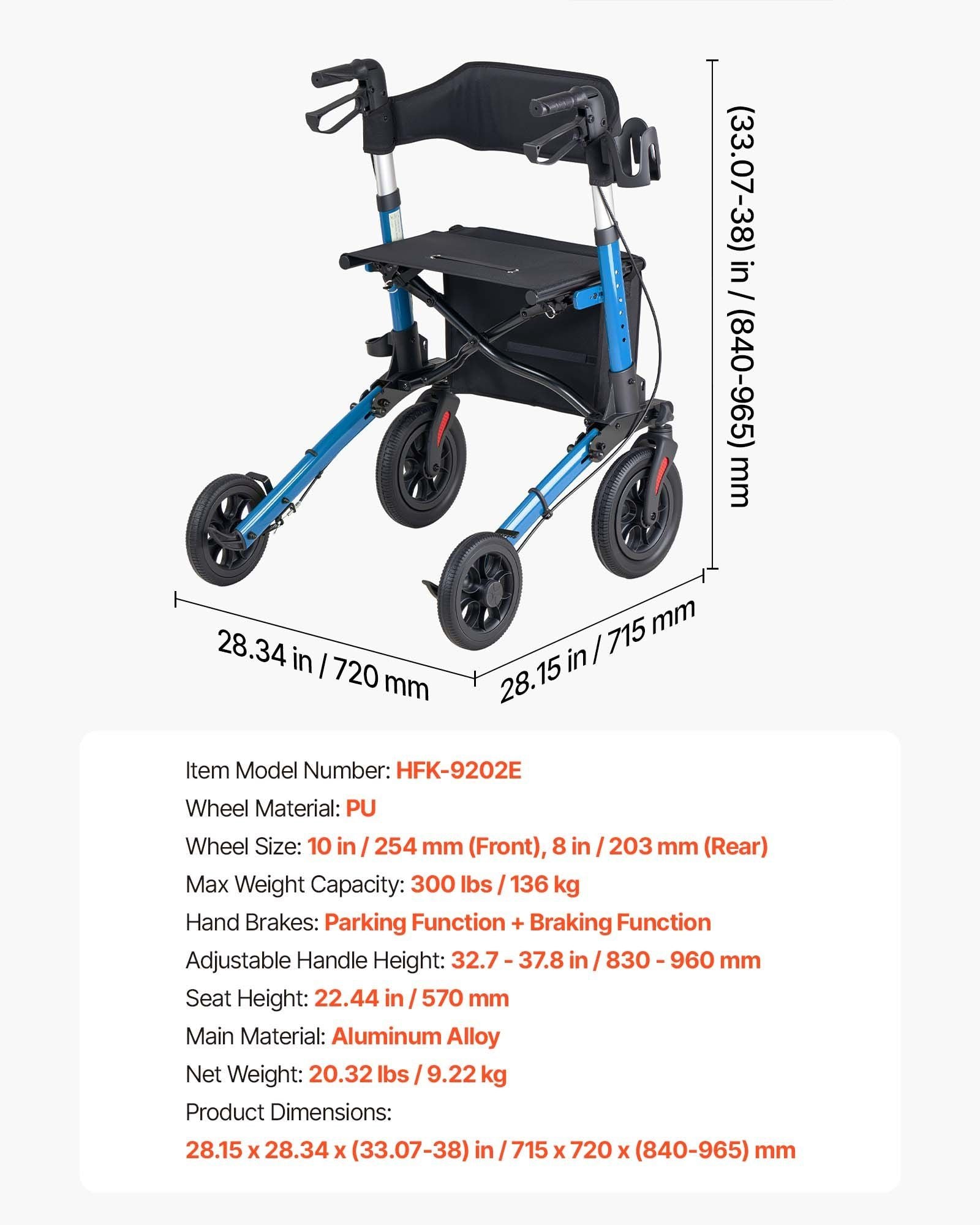 Rollator Walker with Seat for Seniors, Ultra Compact 3-Fold Rolling Walker, Lightweight Aluminum Mobility Walking Aid with PU Solid Wheels, Adjustable Handle, Cup & Cane Holder - Supports 136kg