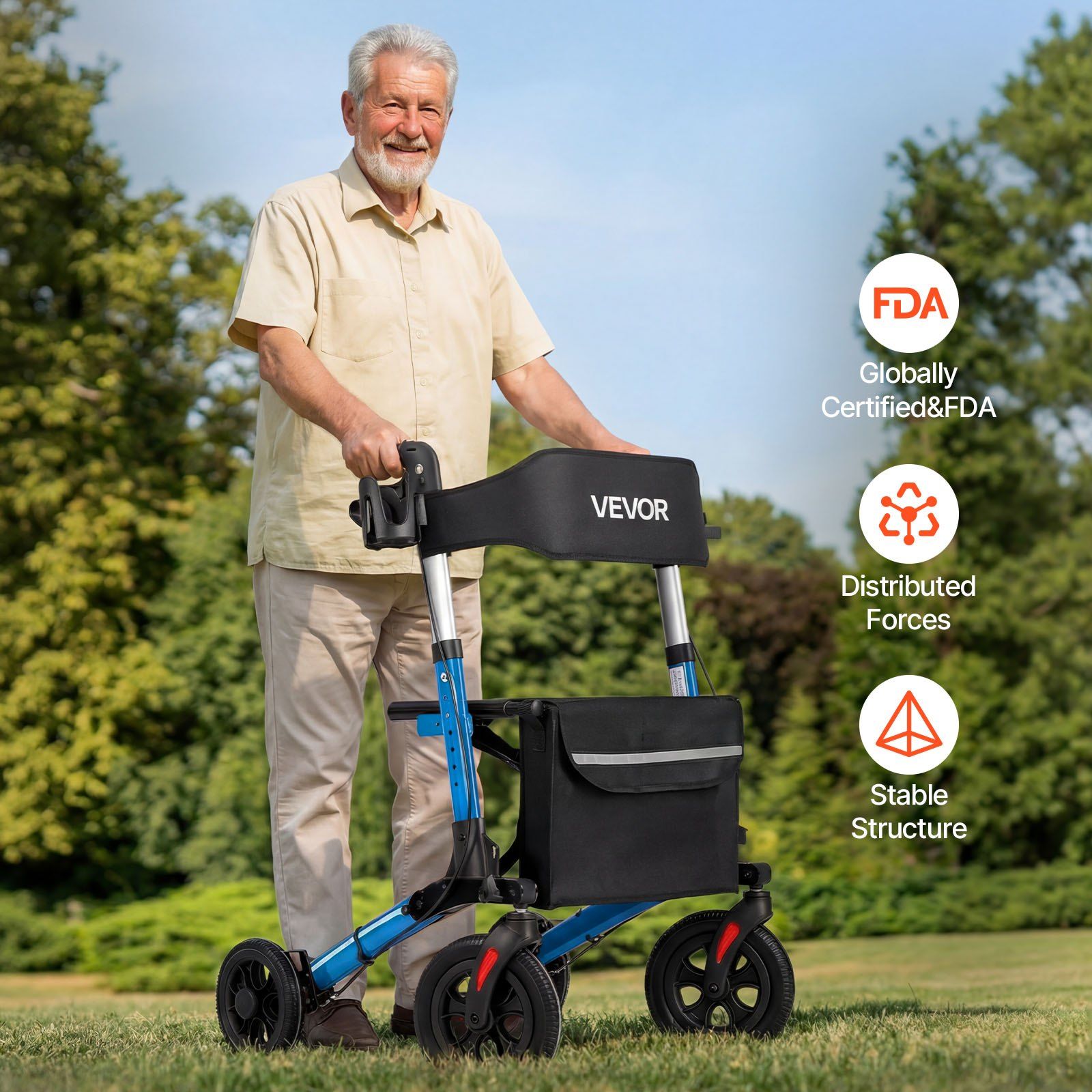 Rollator Walker with Seat for Seniors, Ultra Compact 3-Fold Rolling Walker, Lightweight Aluminum Mobility Walking Aid with PU Solid Wheels, Adjustable Handle, Cup & Cane Holder - Supports 136kg