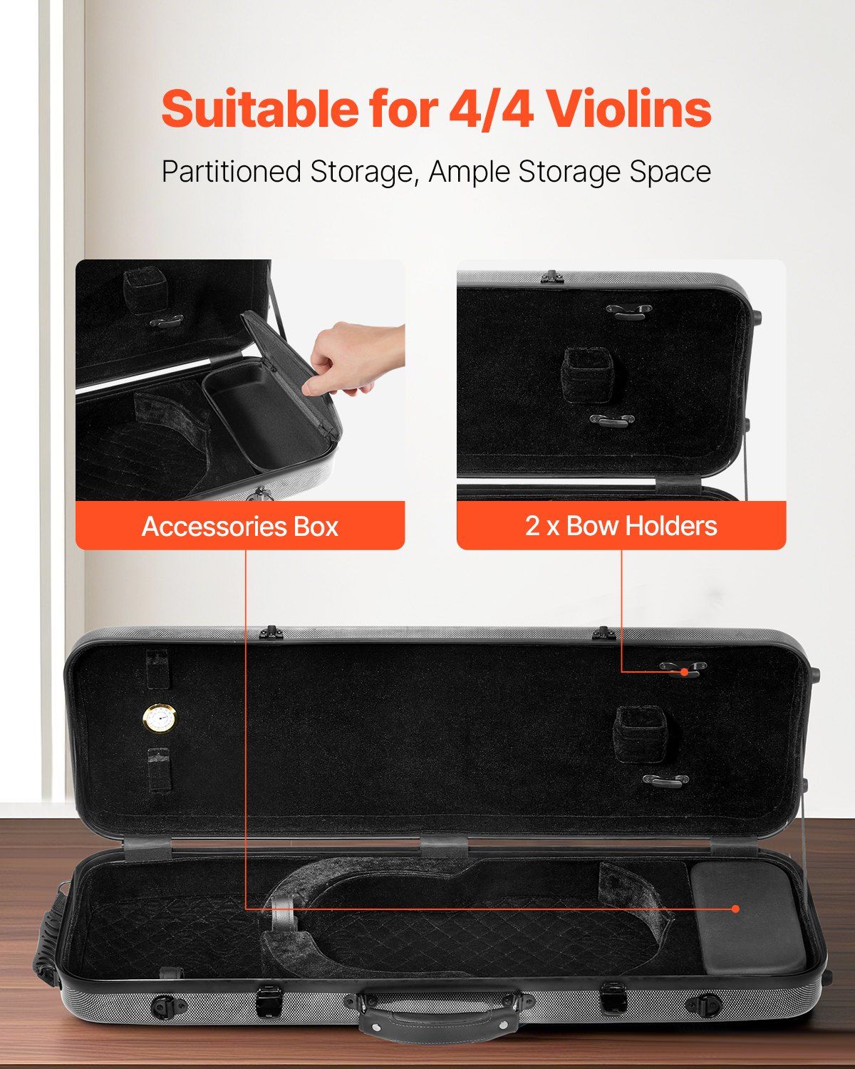 4/4 Full Size Violin Case, Built-in Hygrometer, Lightweight Portable Travel Carrying Bag, with Plush Lining, Shoulder Straps, Anti-Scratch, Professional Oblong Shape, for Violin, Black