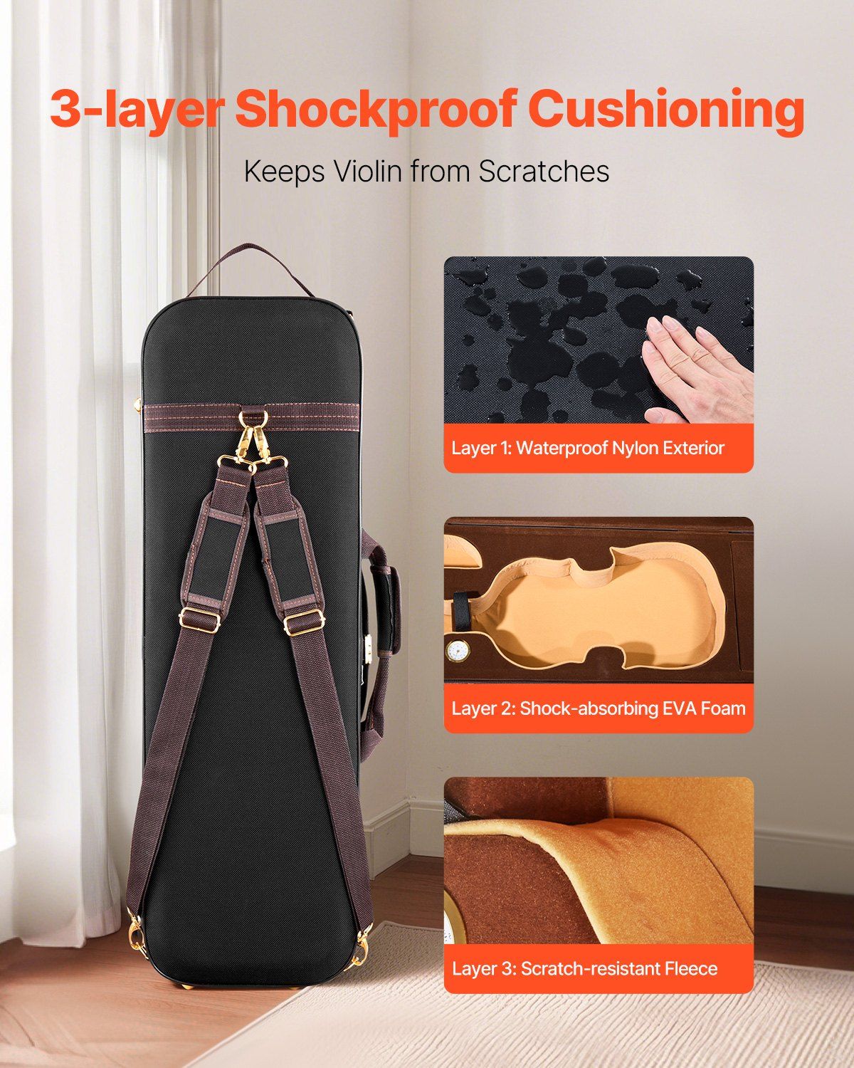 4/4 Full Size Violin Case, Built-in Hygrometer, Lightweight Portable Travel Carrying Bag, with Plush Lining, Shoulder Straps, Anti-Scratch, Professional Oblong Shape, for Violin, Black