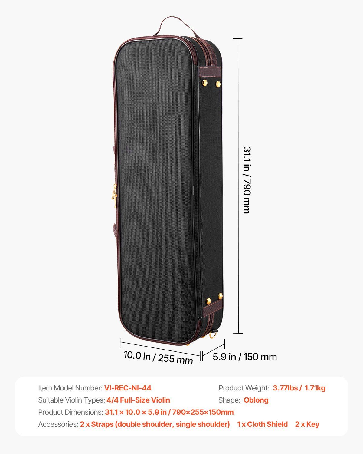 4/4 Full Size Violin Case, Built-in Hygrometer, Lightweight Portable Travel Carrying Bag, with Plush Lining, Shoulder Straps, Anti-Scratch, Professional Oblong Shape, for Violin, Black