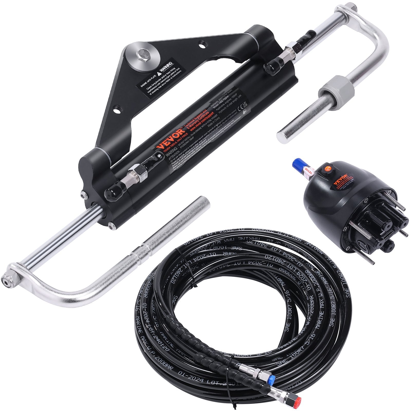VEVOR Hydraulic Outboard Steering Kit, 150HP, Marine Boat Hydraulic Steering System, with Helm Pump Two-Way Lock Cylinder and 24 Feet Hydraulic Steering Hose, for Single Station Single-Engine Boats