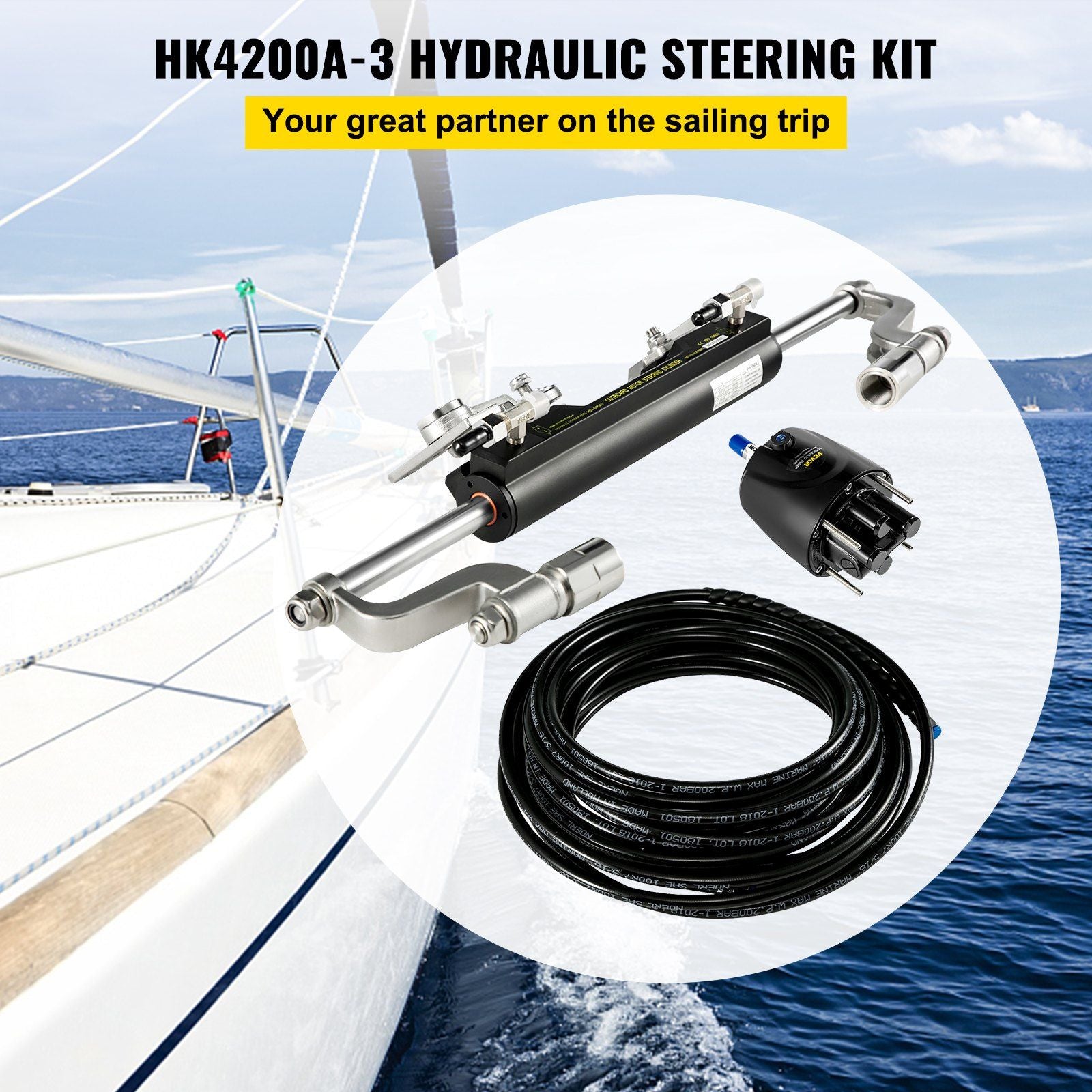 Hydraulic Steering Kit 300HP Hydraulic Steering Compact Cylinder Hydraulic Outboard Steering Kit with Helm Pump for Boat Marine Steering System