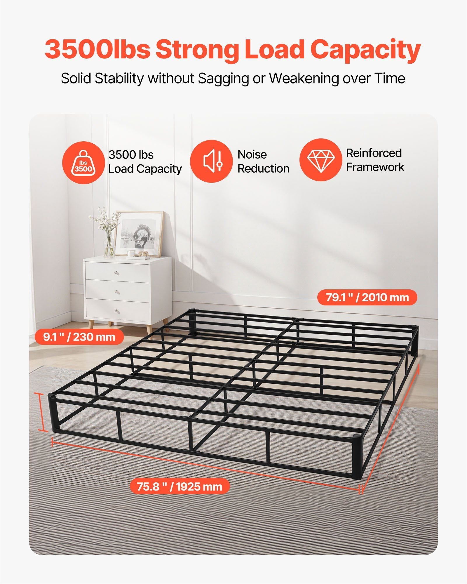 Box Spring, King Size Bed Frame with Washable Fabric Cloth, Heavy Duty Metal Frame for King Bed, 230 mm Mattress Foundation, 1587.57 kg Max Weight Capacity, Easy Assembly, 2010 x 1925 x 230 mm