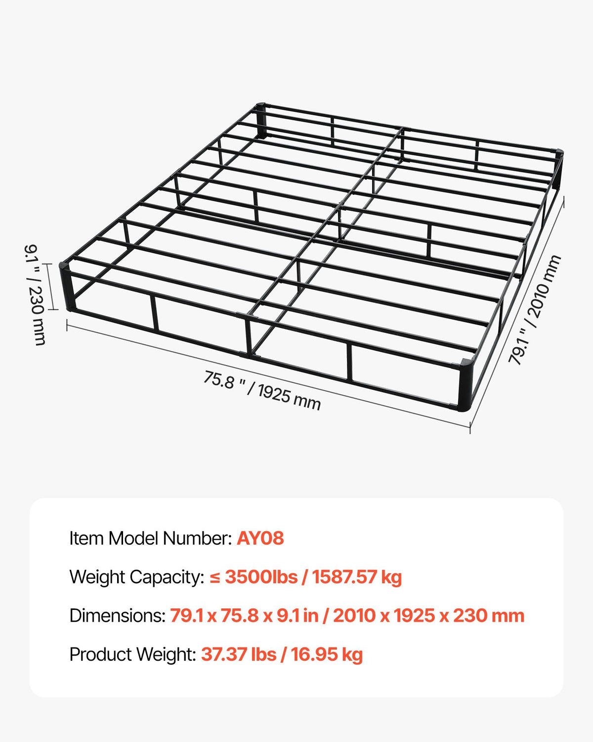 Box Spring, King Size Bed Frame with Washable Fabric Cloth, Heavy Duty Metal Frame for King Bed, 230 mm Mattress Foundation, 1587.57 kg Max Weight Capacity, Easy Assembly, 2010 x 1925 x 230 mm