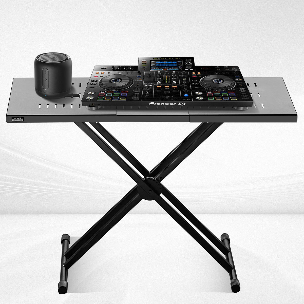 DJ Table Stand, (820-1095)x465 mm Portable DJ Laptop and Controller Stand, Lightweight DJ Desk DJ Booth Adjustable Height DJ Stand, Foldable Double-X Keyboard Stand & Tabletop, Audio Mixer Stand