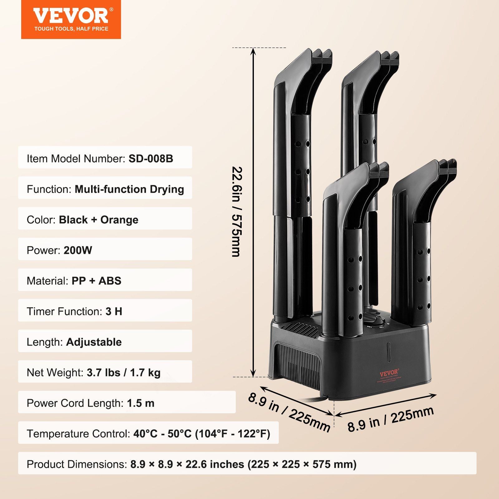 Detachable 4 Tubes Shoe Dryer, Portable Boot Dryer with Timer, Boot Warmers/Dryer with Heat Blower & ABS+PP for Snow Boots, Leather Shoes, Canvas Shoes, Socks, Black & Orange