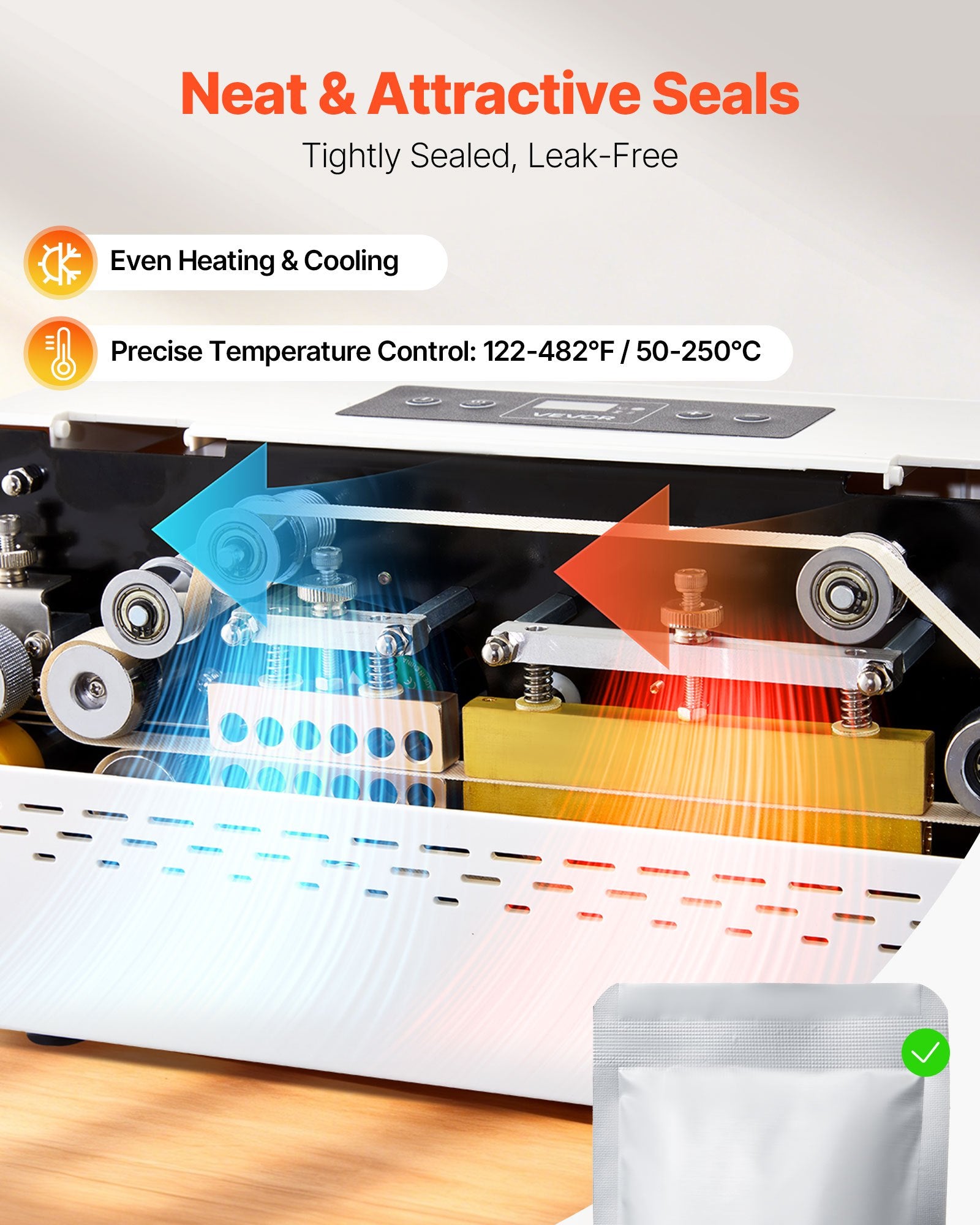 VEVOR Continuous Sealing Machine, 8-12 mm Seal Width, Automatic Continuous Band Sealer with Digital Temperature Control, Automatic Shutdown, Portable Heat Sealing Machine for 0.06-0.2 mm Plastic Bags