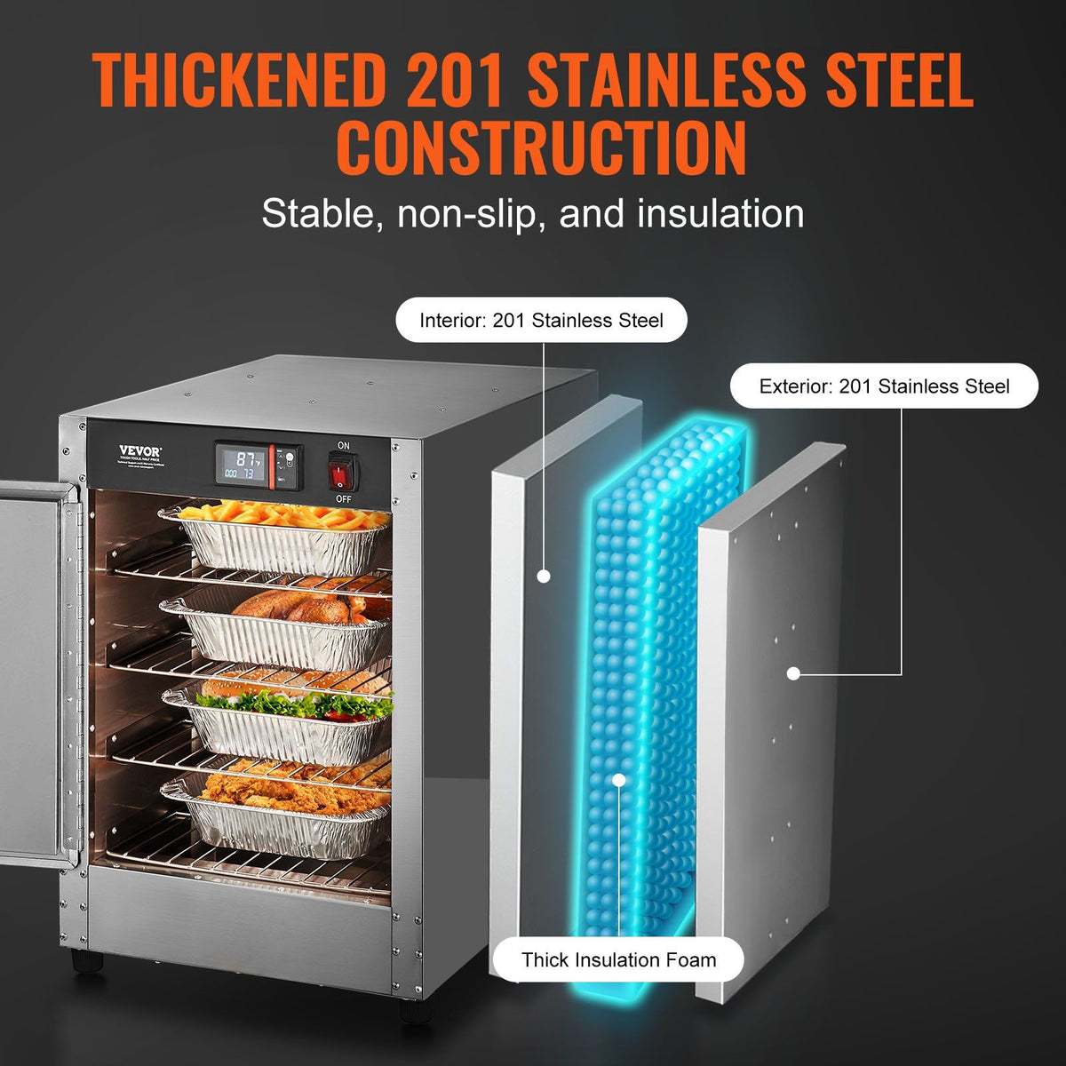 Hot Box Food Warmer, 4-Tier Concession Warmer with Water Tray, 4 Pans, Single-door and Adjustable Shelves, Stainless Steel Food Warmer Cabinet, Ideal for Storing Pizza, Chicken, Restaurant