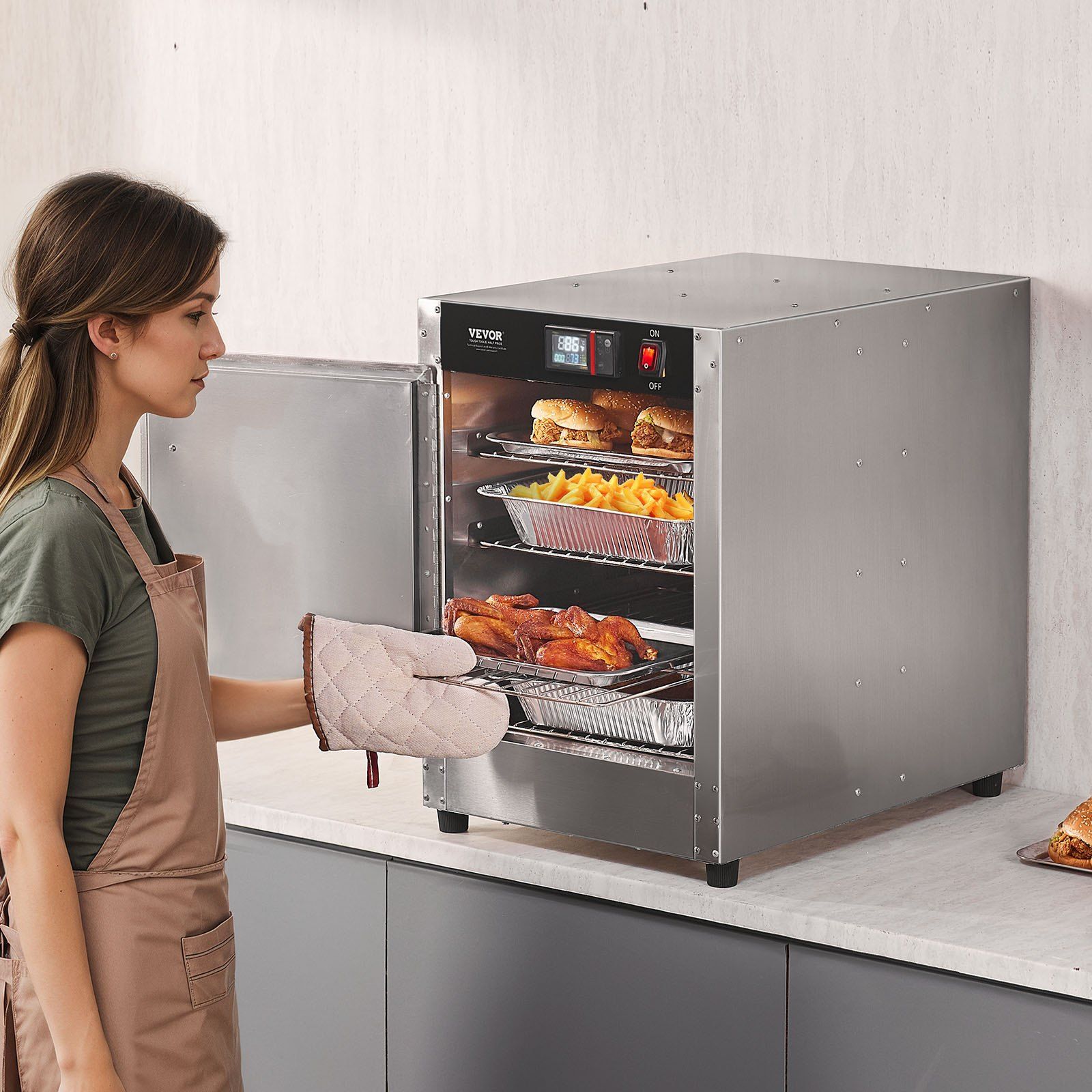 Hot Box Food Warmer, 4-Tier Concession Warmer with Water Tray, 4 Pans, Single-door and Adjustable Shelves, Stainless Steel Food Warmer Cabinet, Ideal for Storing Pizza, Chicken, Restaurant