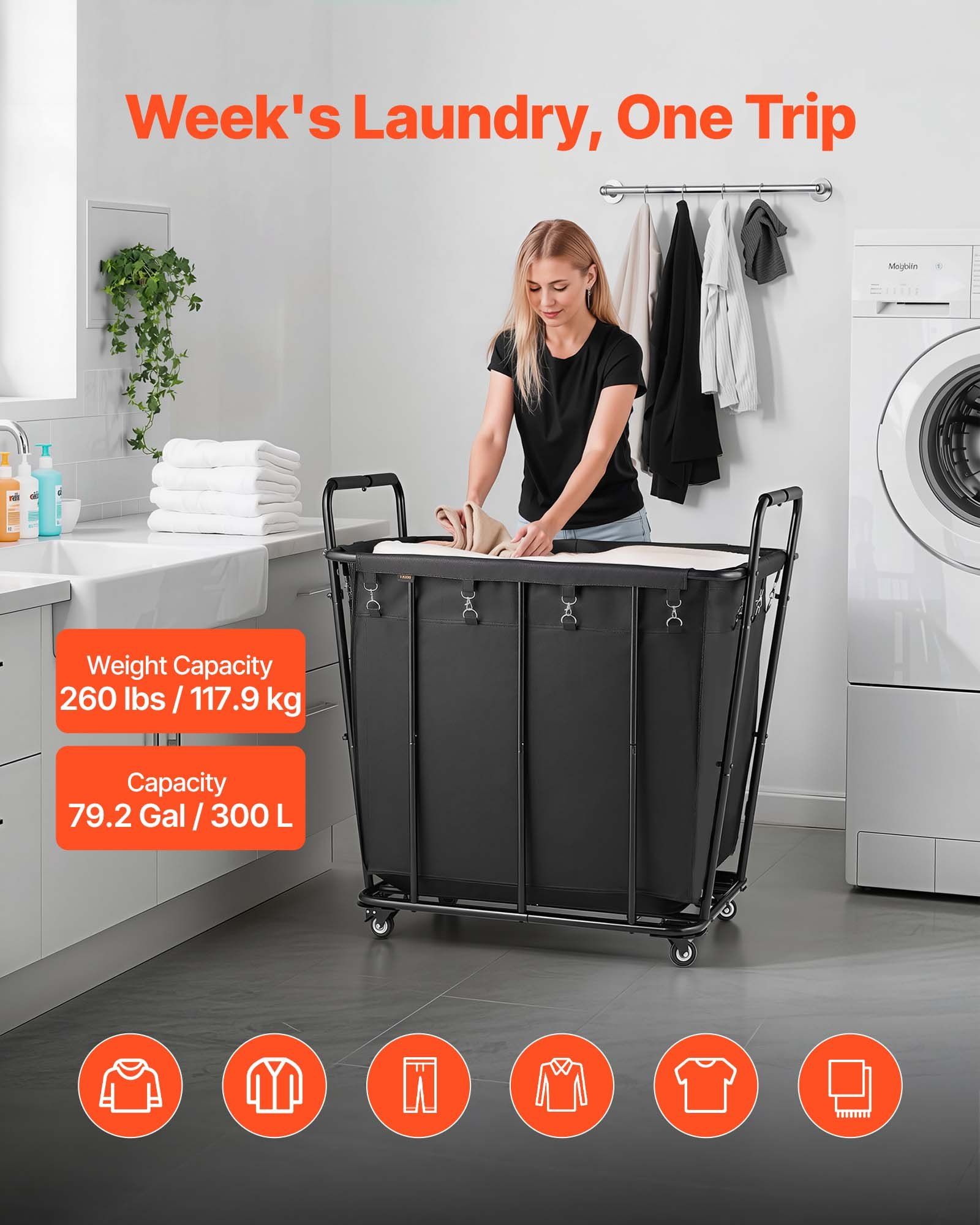 Laundry Cart, Rolling Grocery Utility Cart with Waterproof Liner & Swivel Wheels, 118 KG Large Load Capacity, Heavy Duty Shopping Basket for Laundry, Shopping, Camping, Grocery, Luggage, Black
