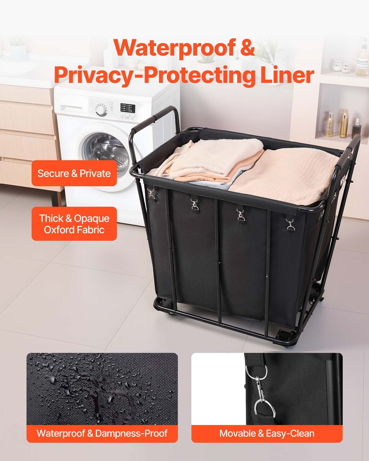 Laundry Cart, Rolling Grocery Utility Cart with Waterproof Liner & Swivel Wheels, 118 KG Large Load Capacity, Heavy Duty Shopping Basket for Laundry, Shopping, Camping, Grocery, Luggage, Black