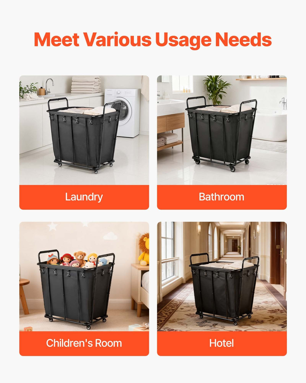 Laundry Cart, Rolling Grocery Utility Cart with Waterproof Liner & Swivel Wheels, 118 KG Large Load Capacity, Heavy Duty Shopping Basket for Laundry, Shopping, Camping, Grocery, Luggage, Black