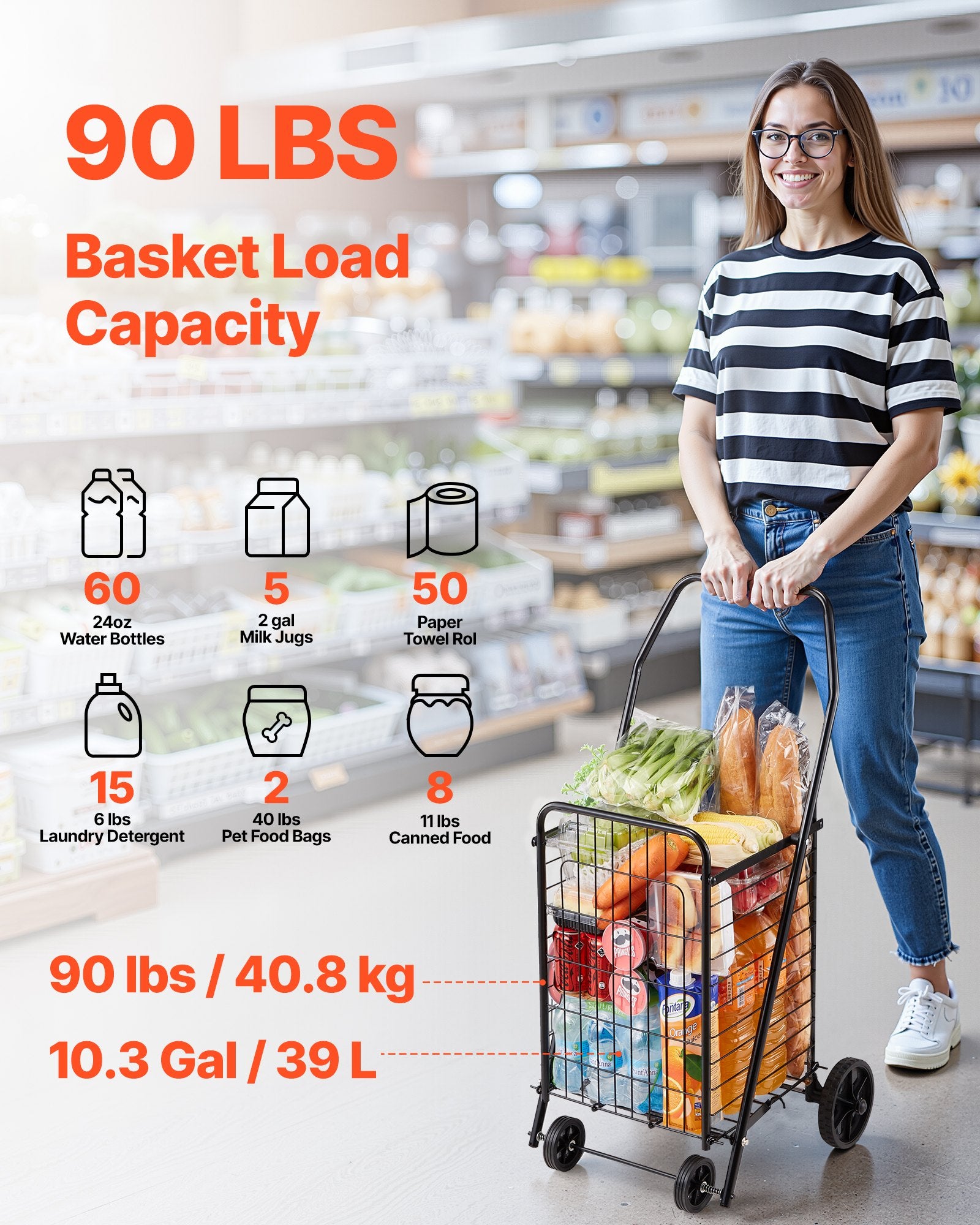 VEVOR Shopping Cart, Folding Grocery Utility Cart with Swivel Wheels, 40.8 kg Large Load Capacity, Heavy Duty Rolling Laundry Basket Butler for Laundry, Shopping, Camping, Grocery, Luggage, Black