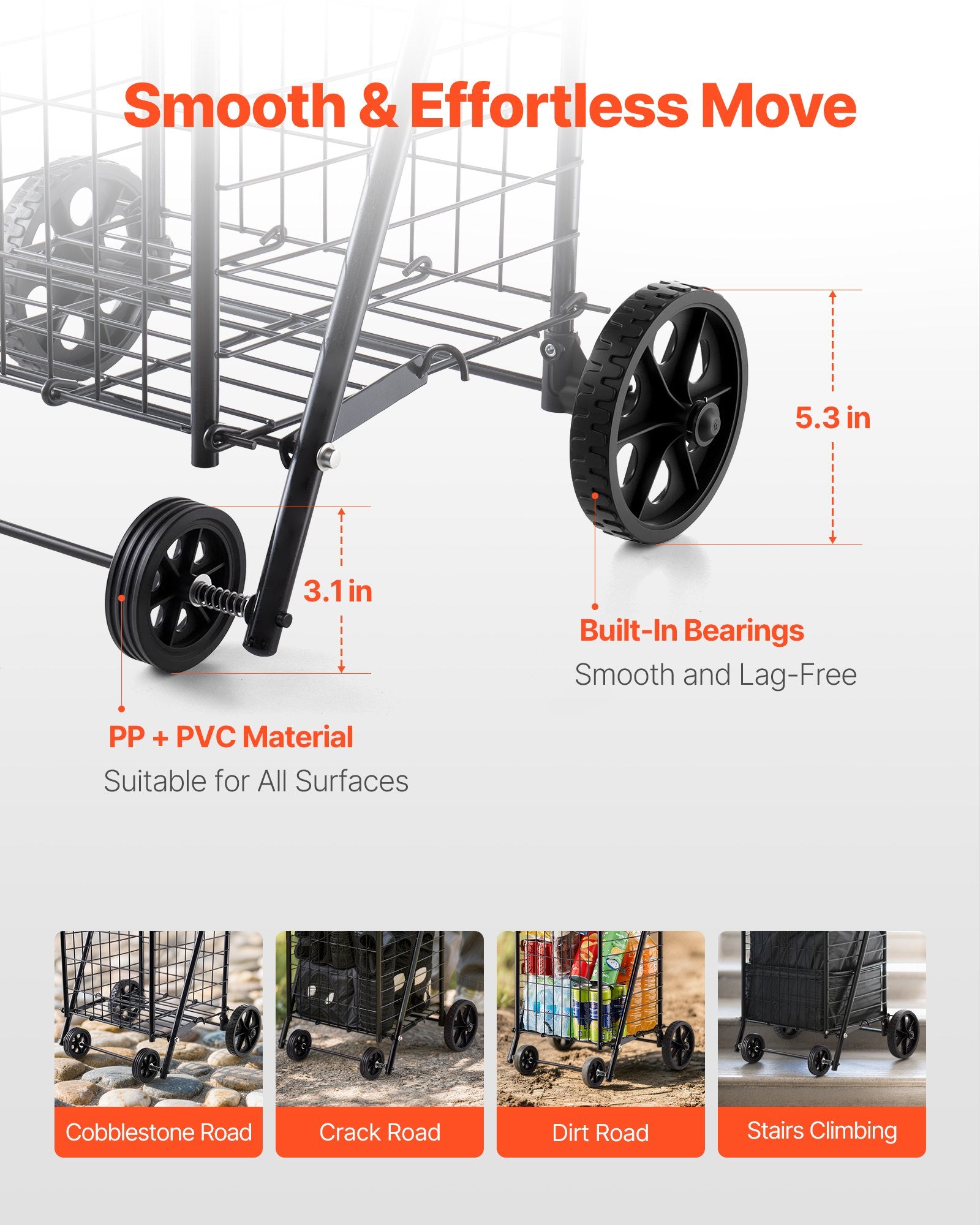 VEVOR Shopping Cart, Folding Grocery Utility Cart with Swivel Wheels, 40.8 kg Large Load Capacity, Heavy Duty Rolling Laundry Basket Butler for Laundry, Shopping, Camping, Grocery, Luggage, Black