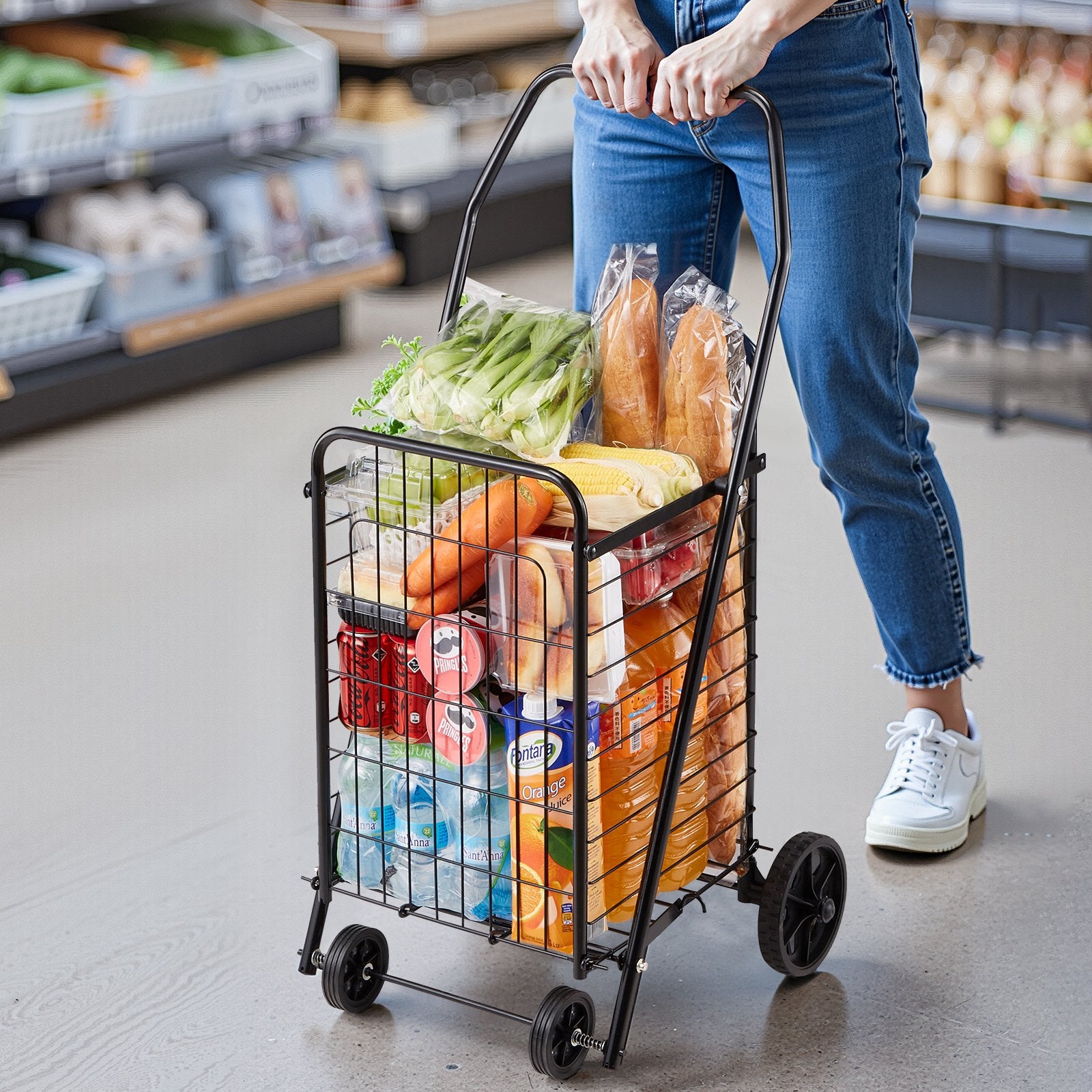 VEVOR Shopping Cart, Folding Grocery Utility Cart with Swivel Wheels, 40.8 kg Large Load Capacity, Heavy Duty Rolling Laundry Basket Butler for Laundry, Shopping, Camping, Grocery, Luggage, Black