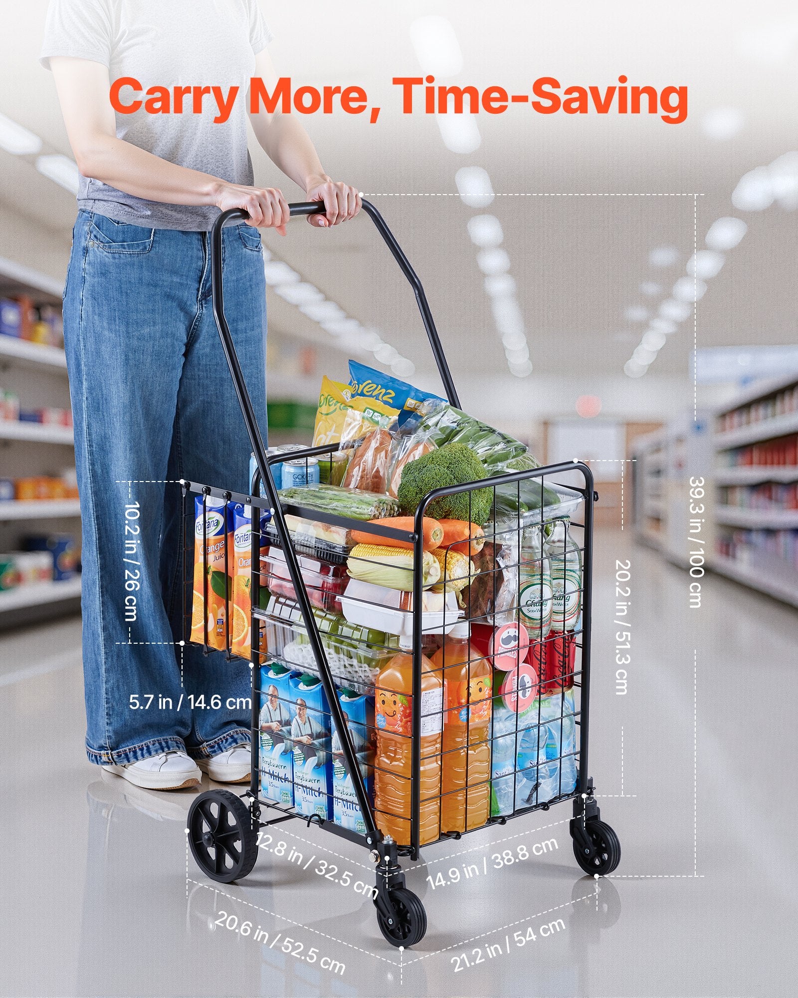 VEVOR Shopping Cart, Folding Grocery Utility Cart with Dual Baskets, Waterproof Liner & Wheels, 45 KG Large Load Capacity, Heavy Duty Laundry Basket for Laundry, Shopping, Camping, Grocery, Luggage