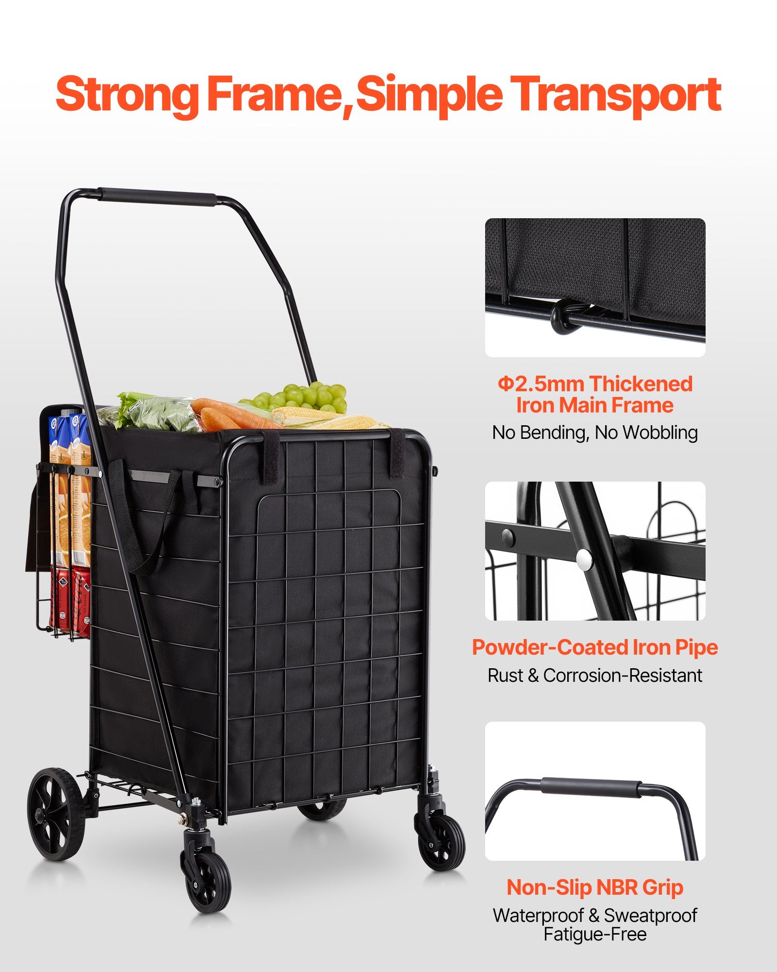 VEVOR Shopping Cart, Folding Grocery Utility Cart with Dual Baskets, Waterproof Liner & Wheels, 45 KG Large Load Capacity, Heavy Duty Laundry Basket for Laundry, Shopping, Camping, Grocery, Luggage