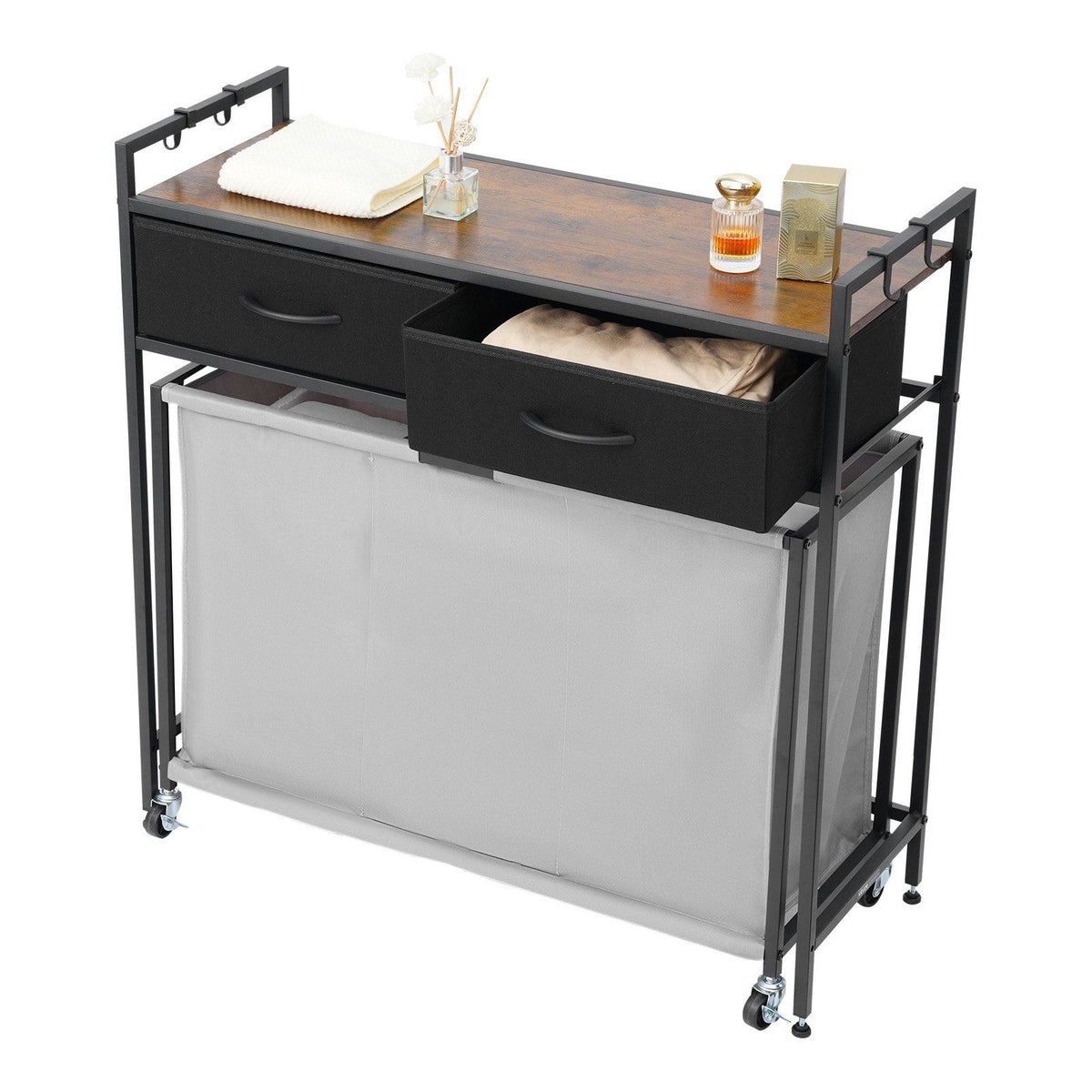 3 Section Laundry Sorter, Rolling Laundry Hamper with 2 Drawers, Hooks &amp; Wheels, Rolling Basket Organizer Storage with Pull-Out Rolling Bags and Wooden Tabletop for Dirty Clothes, Bathroom