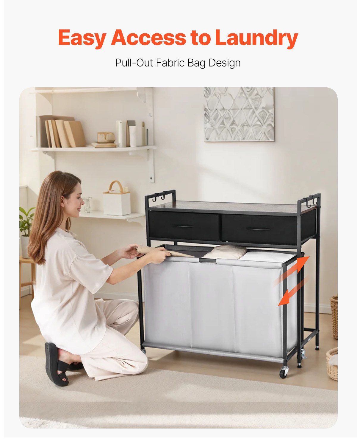 3 Section Laundry Sorter, Rolling Laundry Hamper with 2 Drawers, Hooks & Wheels, Rolling Basket Organizer Storage with Pull-Out Rolling Bags and Wooden Tabletop for Dirty Clothes, Bathroom