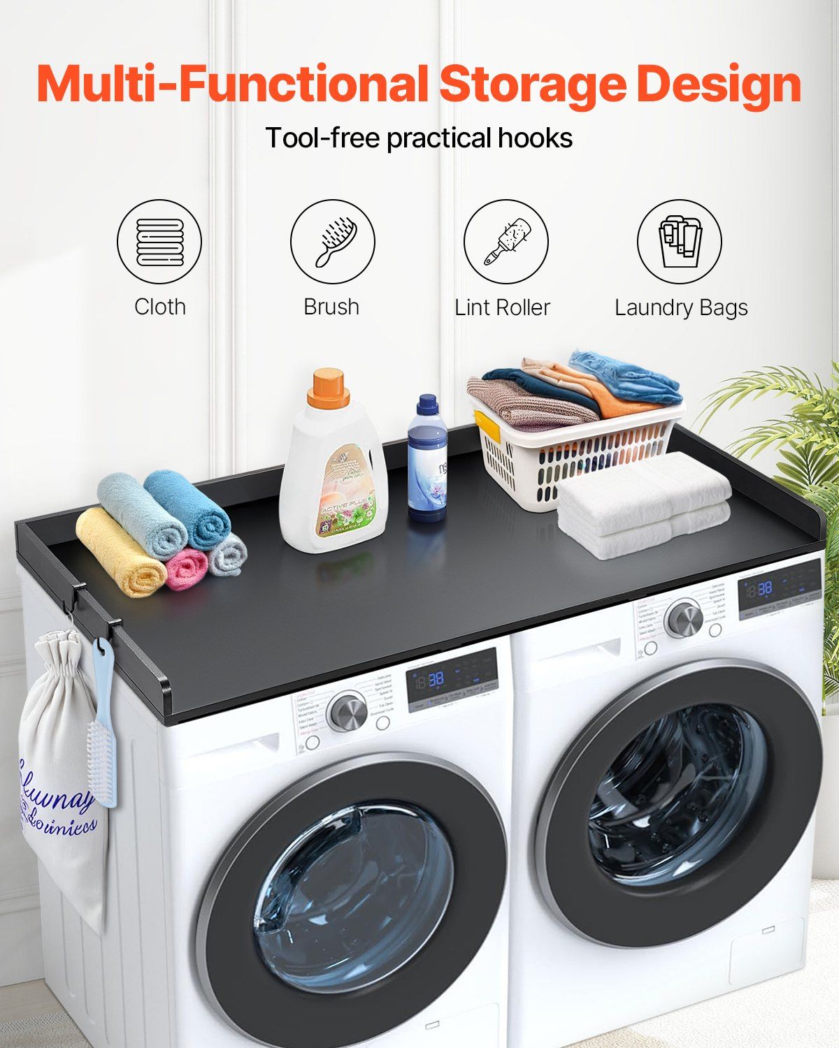 Washer Dryer Countertop, 54" x 27" Wooden Washer and Dryer Countertop, Water-Resistant Laundry Machine Topper Cover with Anti-Slip Pads, for Laundry Room Organization and Storage, Black