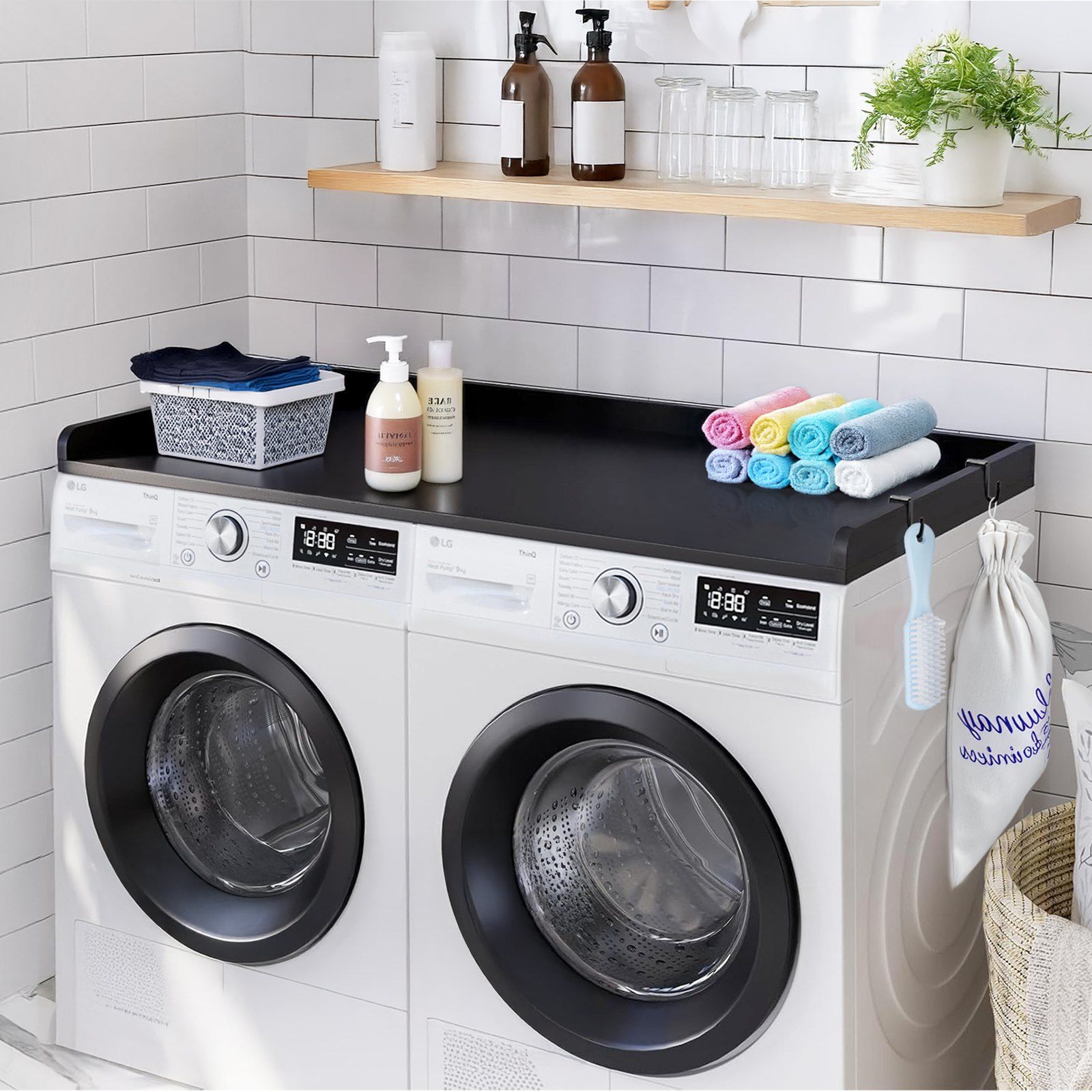 Washer Dryer Countertop, 54" x 27" Wooden Washer and Dryer Countertop, Water-Resistant Laundry Machine Topper Cover with Anti-Slip Pads, for Laundry Room Organization and Storage, Black