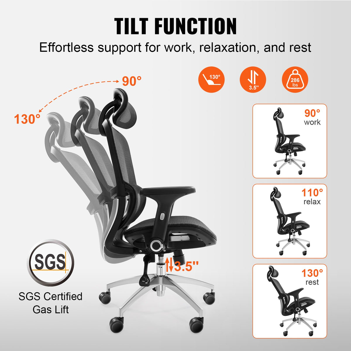 VEVOR Mesh Office Chair, Adjustable High Back Desk Chair with Mesh Seat, Angle and Height Adjustable Home Office Chair with Lumbar and Head Support, Swivel Computer Task Chair
