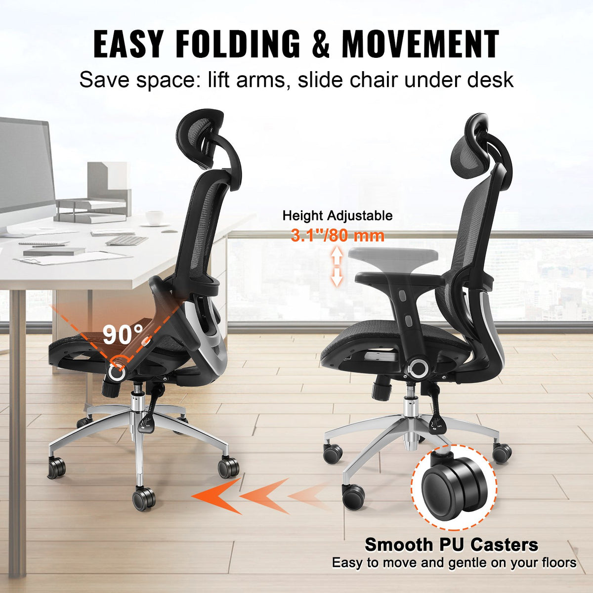 VEVOR Mesh Office Chair, Adjustable High Back Desk Chair with Mesh Seat, Angle and Height Adjustable Home Office Chair with Lumbar and Head Support, Swivel Computer Task Chair