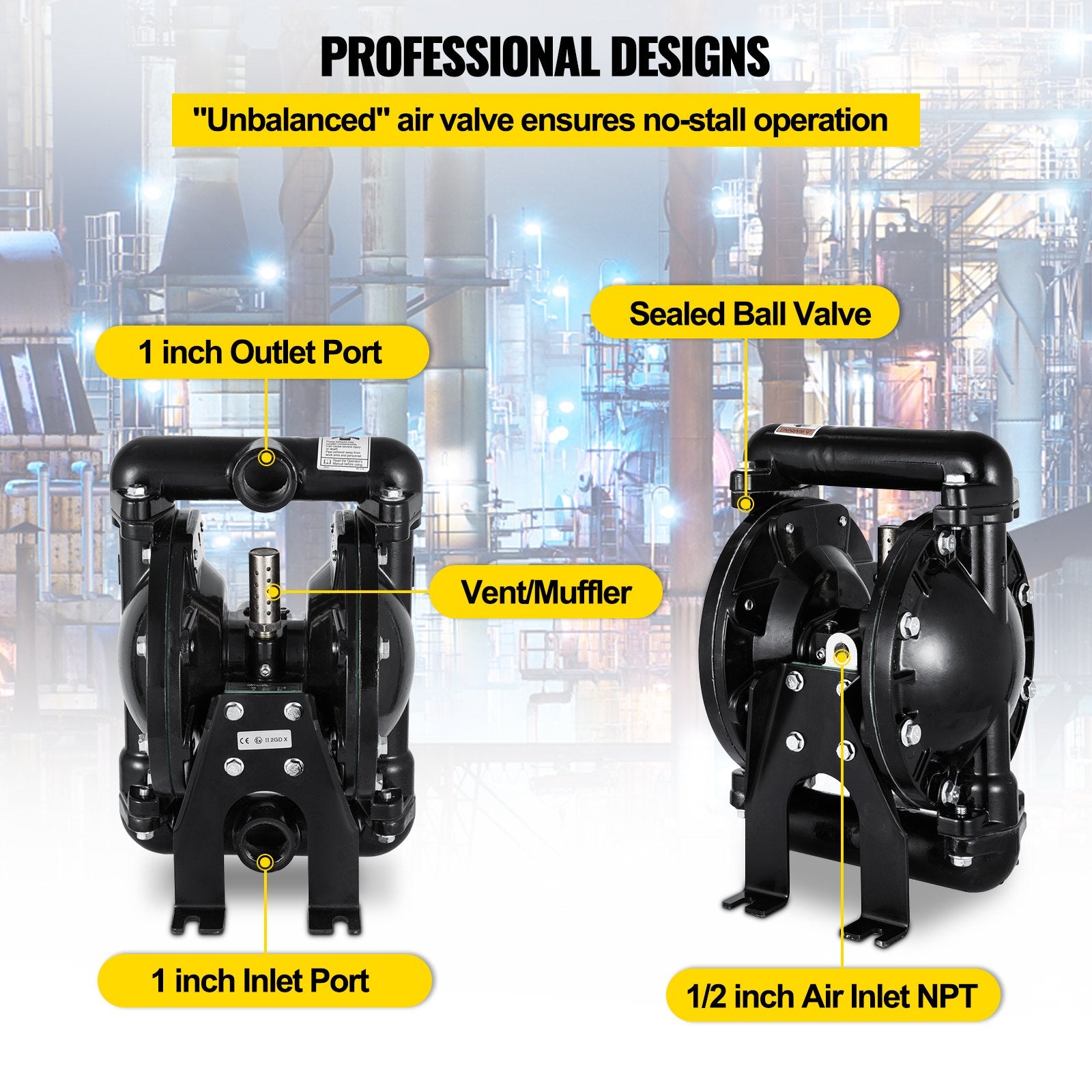 VEVOR Air-Operated Double Diaphragm Pump 24 GPM 1 Inch Inlet And Outlet