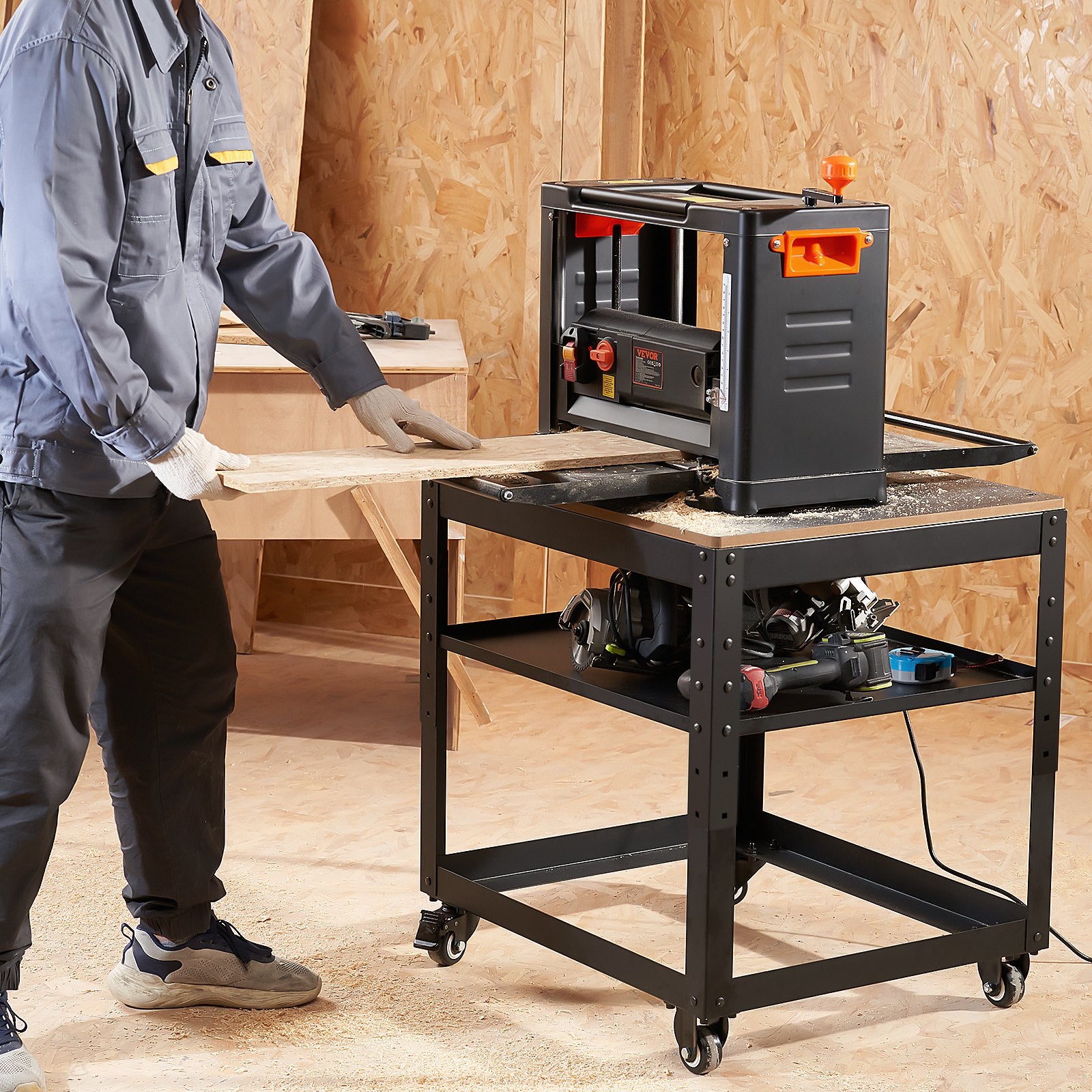 VEVOR Planer Stand, 100 lbs / 45 kg heavy loads, Three-Gear Height Adjustable Thickness Planer Table,with 4 Stable Casters & Storage Space, for most planers, saws, bench-top machines, power tools
