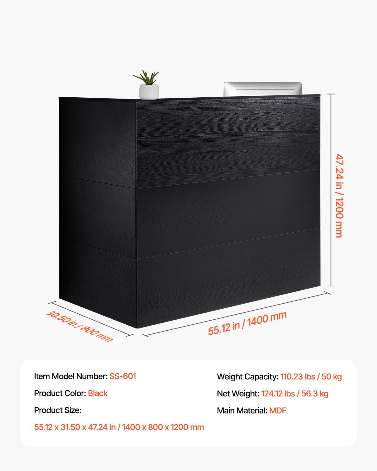 Reception Desk, 1400 x 800 x 1200 mm L-Shaped Front Counter Table, Office Reception Counter with Drawer Keyboard Tray and Storage Cabinet, for Checkout, Lobby, Beauty Salon & Office, Black