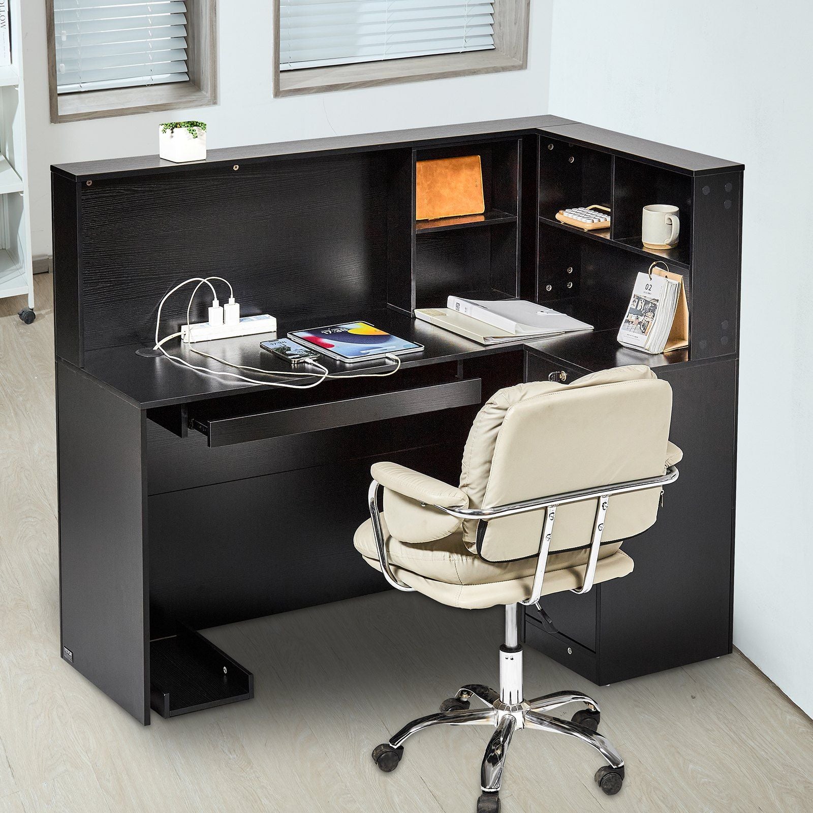 Reception Desk, 1400 x 800 x 1200 mm L-Shaped Front Counter Table, Office Reception Counter with Drawer Keyboard Tray and Storage Cabinet, for Checkout, Lobby, Beauty Salon & Office, Black
