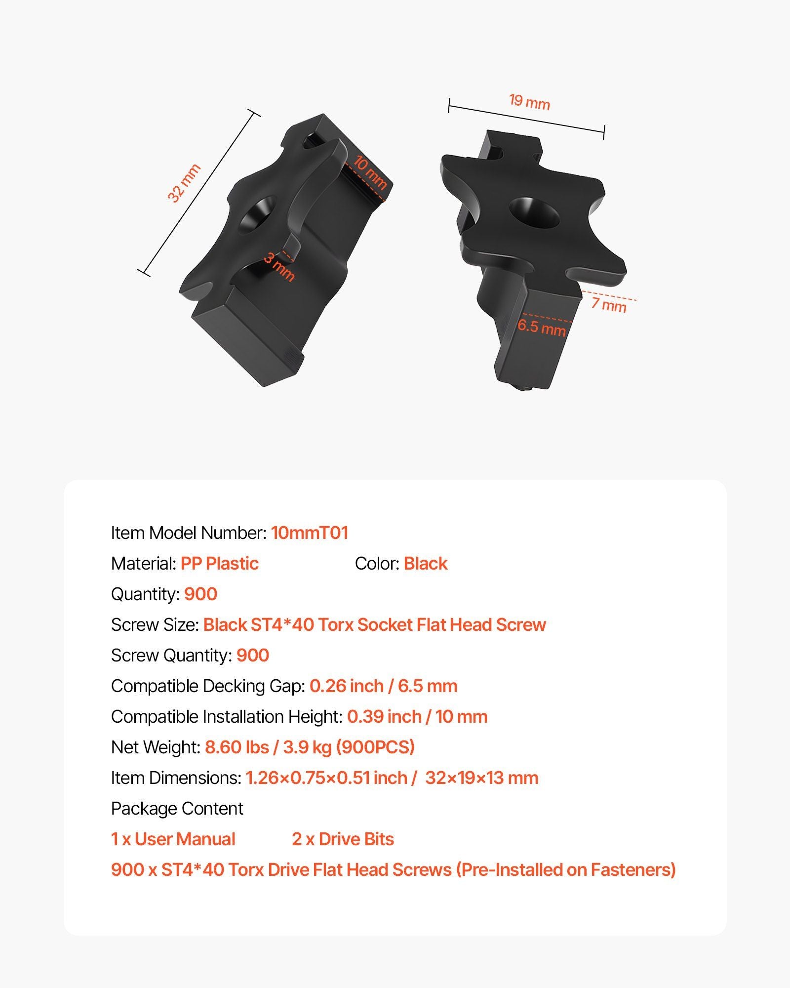 900PCS Hidden Deck Fasteners for Composite Decking Board, Universal Composite T Clips & Plastic Hidden Fasteners with Metal Screws,Polypropylene PP Clips Works with 6.5 mm Gaps, Black