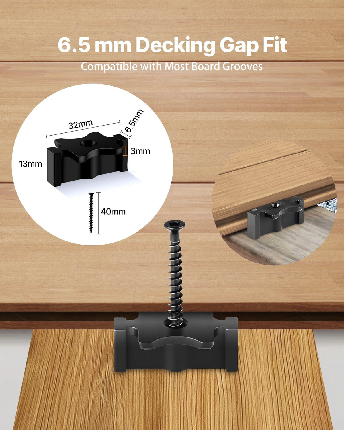 90PCS Hidden Deck Fasteners for Composite Decking Board, Universal Composite T Clips & Plastic Hidden Fasteners with Metal Screws,Polypropylene PP Clips Works with 6.5 mm Gaps, Black