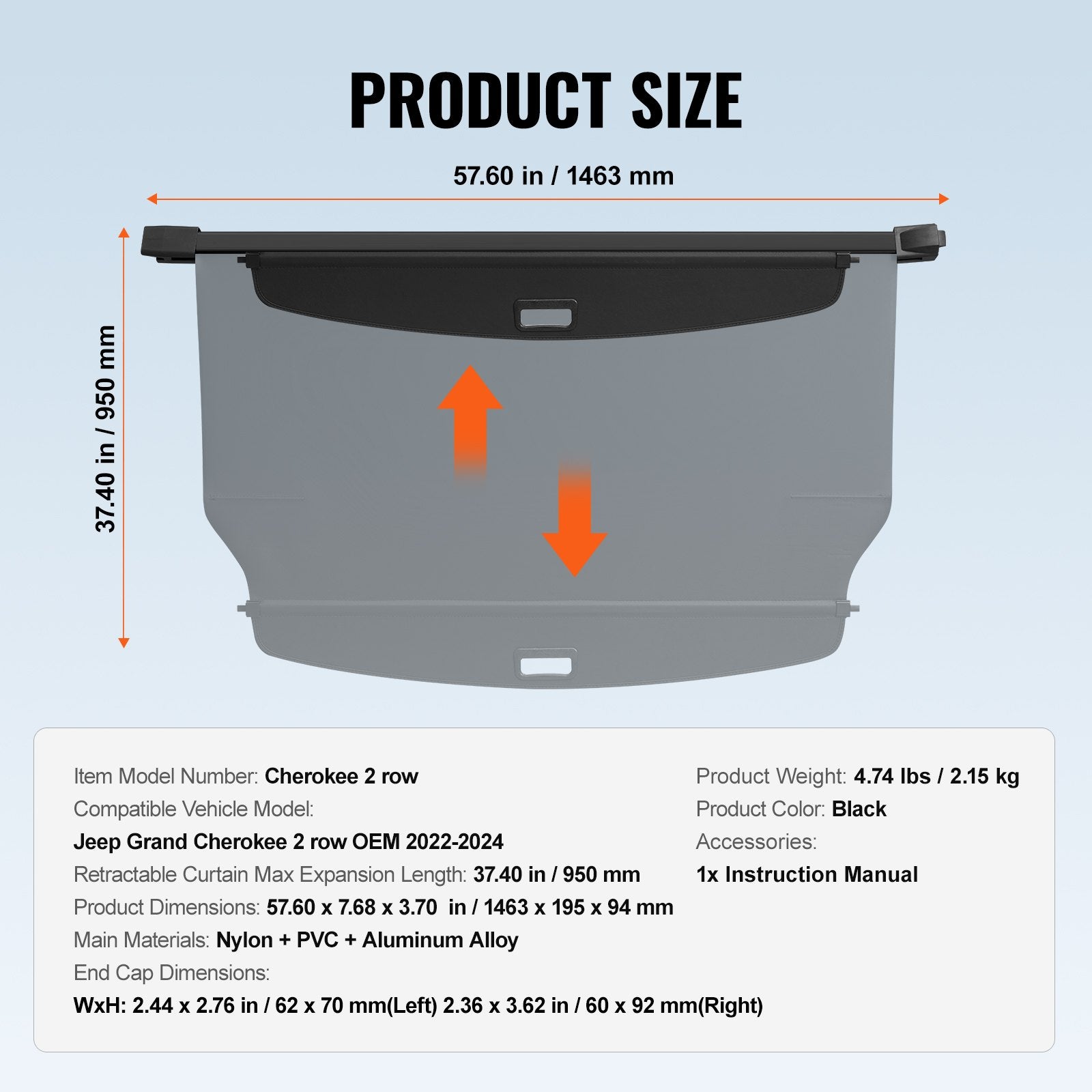 VEVOR Retractable Cargo Cover for Jeep Grand Cherokee 2 Row 2022-2024 OEM Design