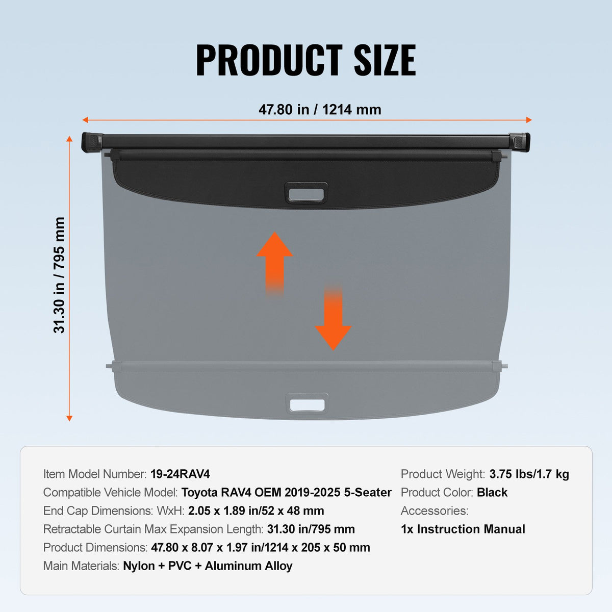 VEVOR Retractable Cargo Cover for Toyota, Upgraded Waterproof Trunk Cover Security Shield Shade for Toyota RAV4 2019-2025 5-Seater, UV Resistant Rear Trunk Cover, Aluminum Alloy & PVC Leather Texture