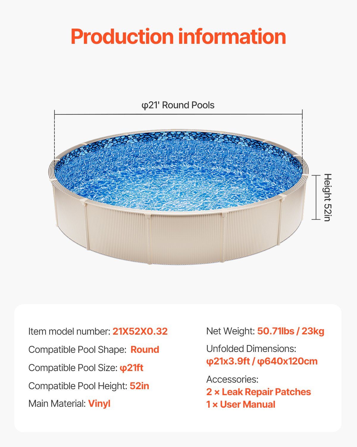 21-ft Round Above Ground Pool Liner, Unibead Pool Liners, Standard Gauge, 52inch Wall Height, Designed for Steel Sided Above-Ground Swimming Pools