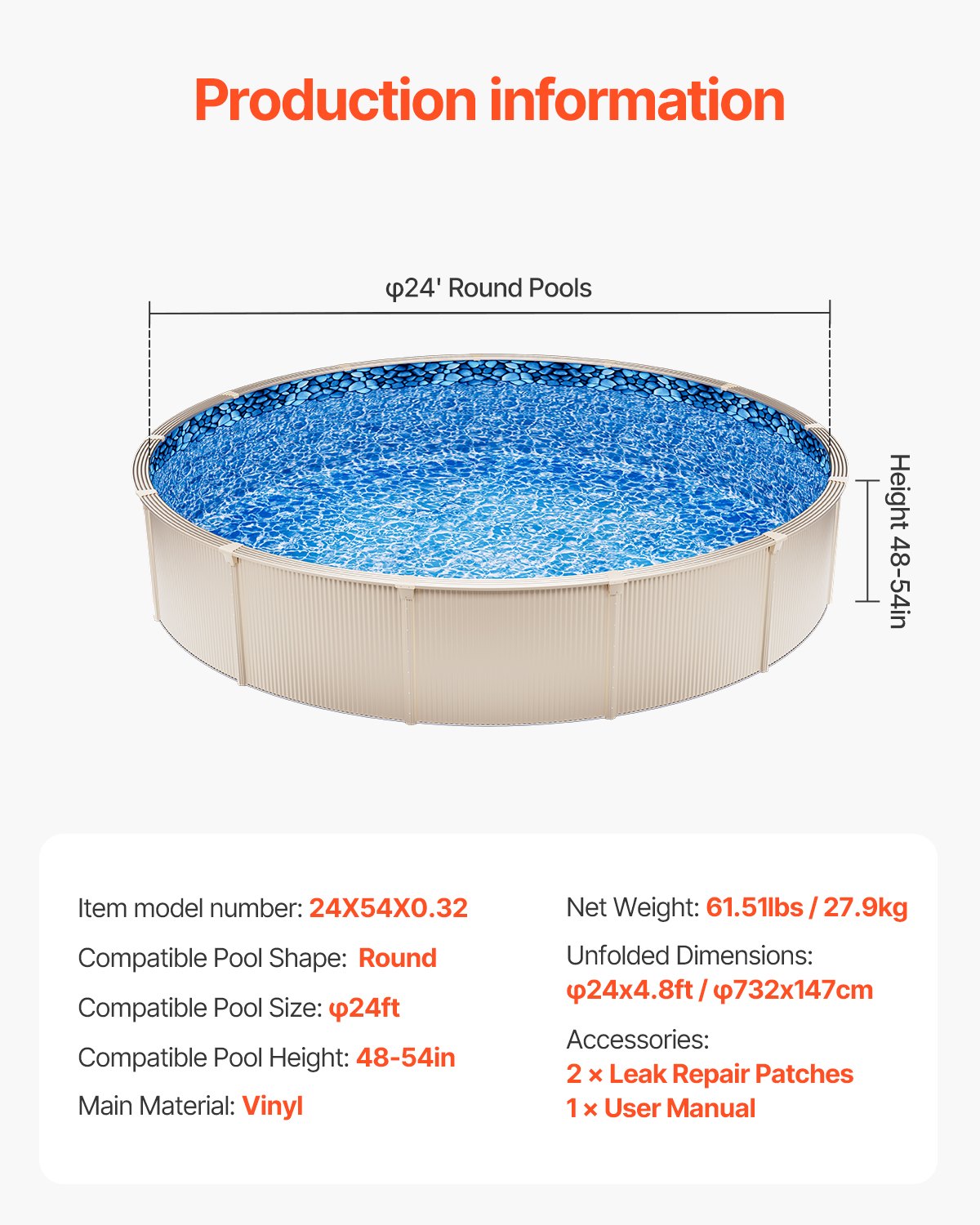 VEVOR Round Pool Liner 24ft Overlap Style Pool Liner 54in Wall Height