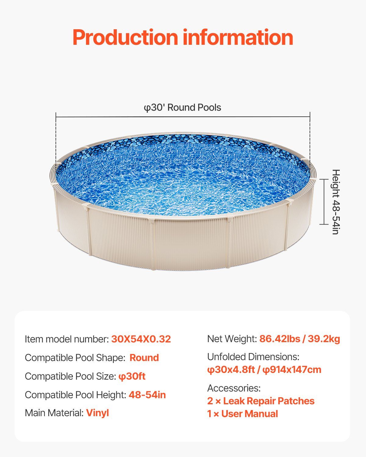 30-ft Round Above Ground Pool Liner, Overlap Pool Liners, Standard Gauge Vinyl, 48-to-54inch Wall Height, Designed for Steel Sided Above-Ground Swimming Pools