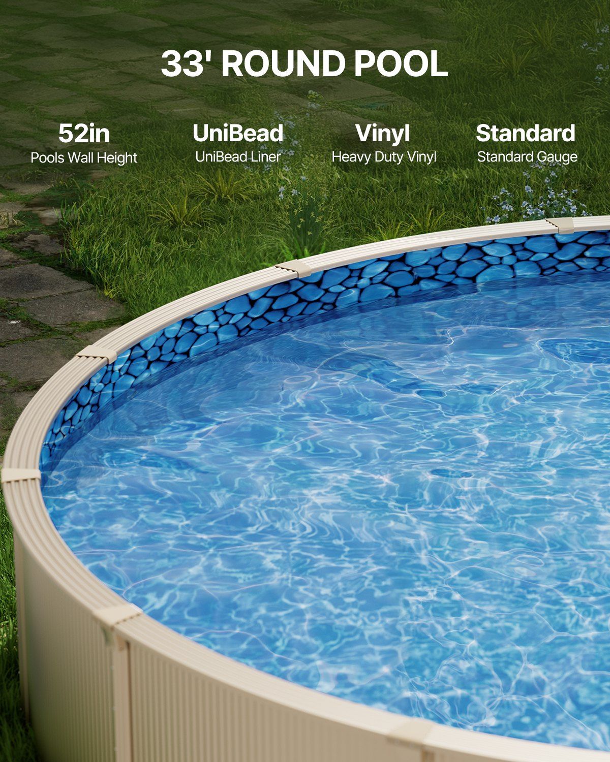 Pool Liner, 33ft Round Pool Liner, Uinbead Style, Durable Vinyl Pool Liner, Standard Gauge, 52in Wall Height, Pool Liner Replacement for Steel Sided Above-Ground Swimming Pools