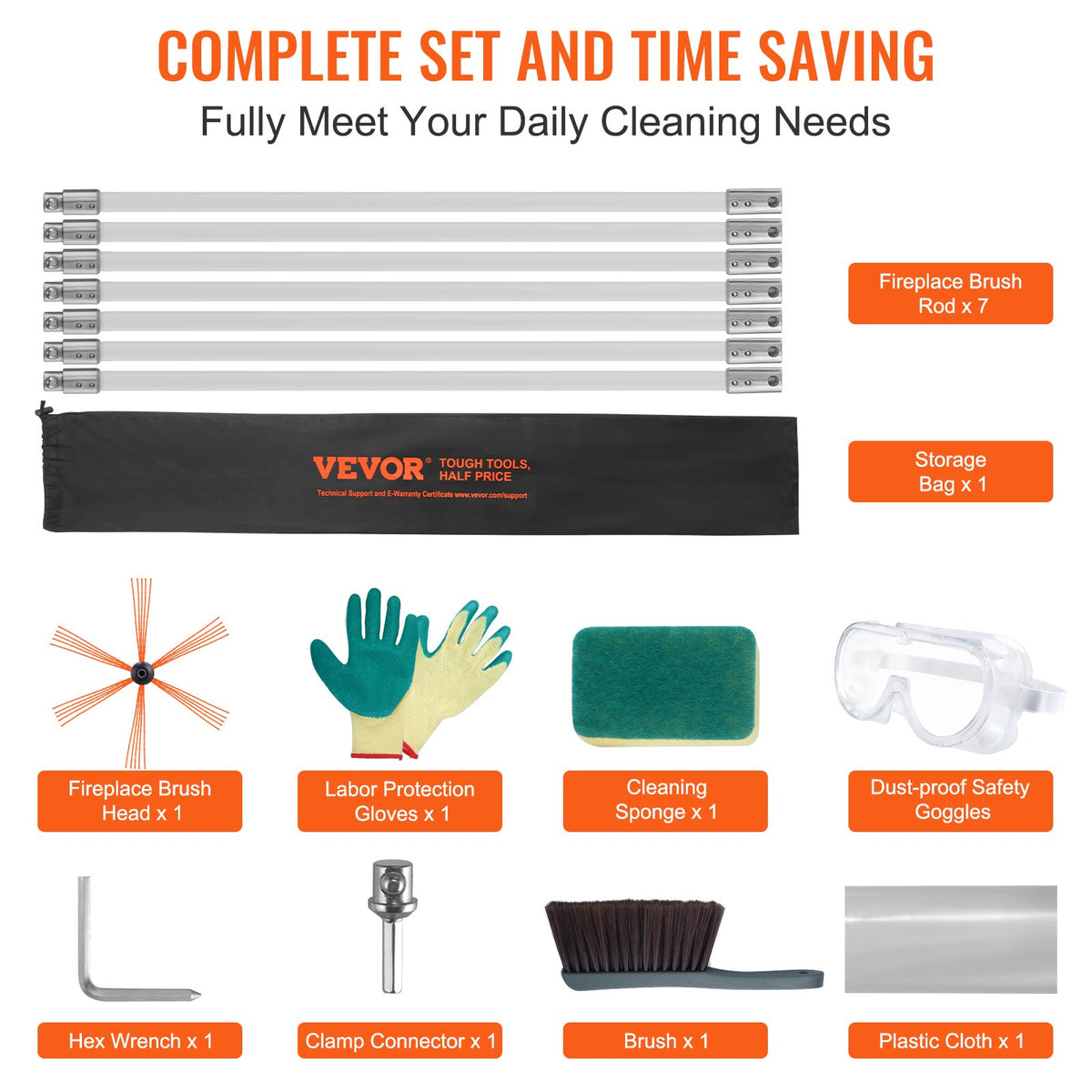 VEVOR 7 m Chimney Sweep Kit, w/ 7 Reinforced Nylon Flexible Rods, Ergonomic Chimney Cleaning Brush, 360-Degree Brush Chimney Cleaner, Rich Accessories for Fireplace Flue Home Use Fits most Pipes