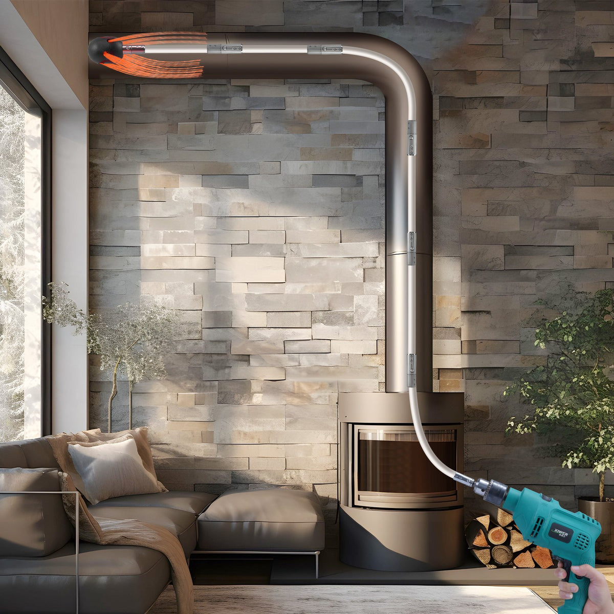 VEVOR 7 m Chimney Sweep Kit, w/ 7 Reinforced Nylon Flexible Rods, Ergonomic Chimney Cleaning Brush, 360-Degree Brush Chimney Cleaner, Rich Accessories for Fireplace Flue Home Use Fits most Pipes