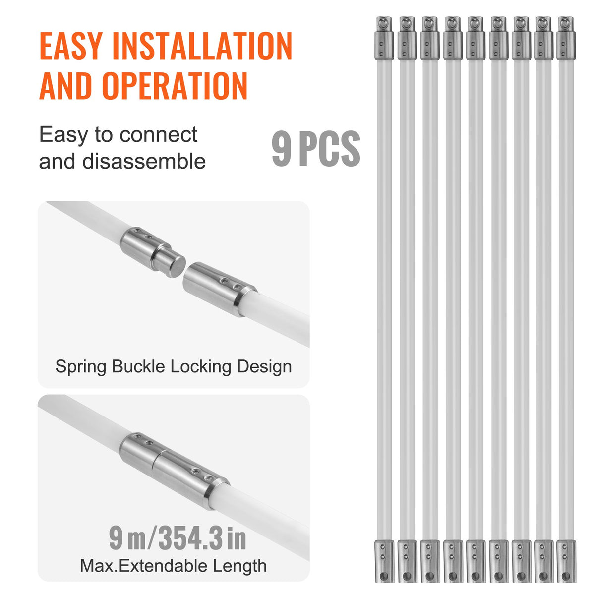 VEVOR 9 m Chimney Sweep Kit, w/ 9 Reinforced Nylon Flexible Rods, Ergonomic Chimney Cleaning Brush, 360-Degree Brush Chimney Cleaner, Rich Accessories for Fireplace Flue Home Use Fits most Pipes