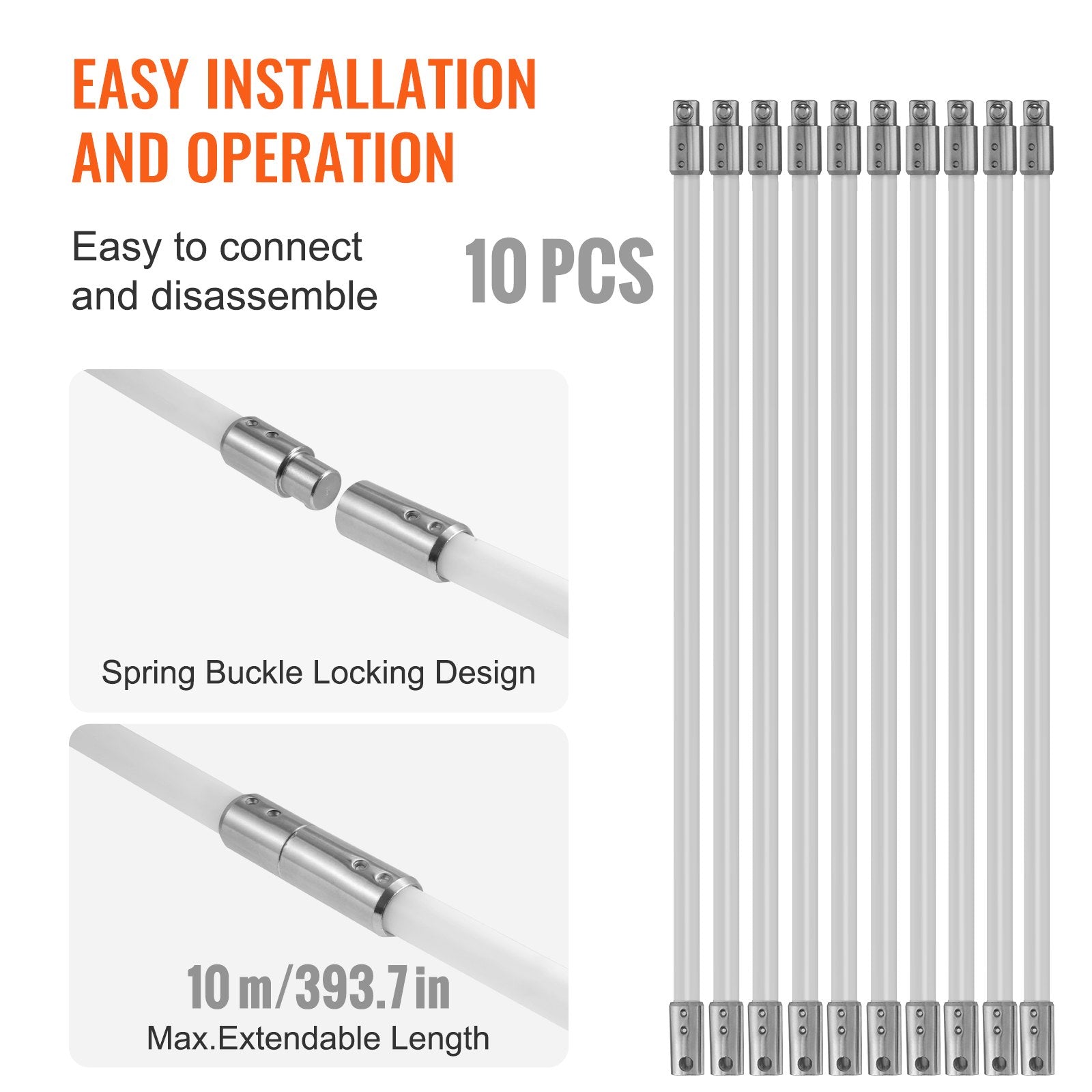 VEVOR 10 m Chimney Sweep Kit, w/ 10 Reinforced Nylon Flexible Rods, Ergonomic Chimney Cleaning Brush, 360-Degree Brush Chimney Cleaner, Rich Accessories for Fireplace Flue Home Use Fits most Pipes