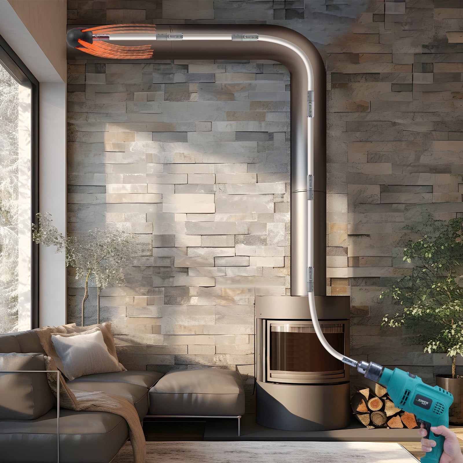 VEVOR 10 m Chimney Sweep Kit, w/ 10 Reinforced Nylon Flexible Rods, Ergonomic Chimney Cleaning Brush, 360-Degree Brush Chimney Cleaner, Rich Accessories for Fireplace Flue Home Use Fits most Pipes