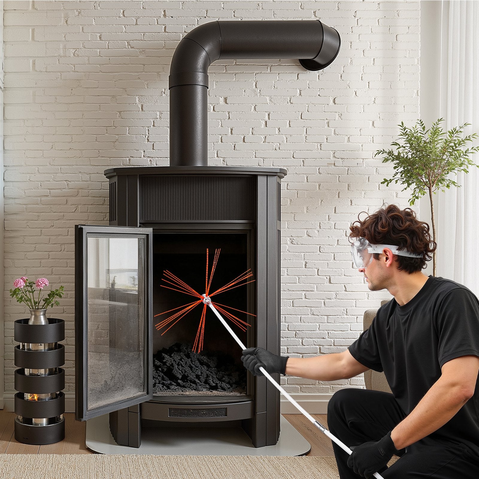 VEVOR Chimney Sweep Kit, 7m Maximum Extendable Length Chimney Brush, Chimneys Cleaning Kit with Bristle Replacements & Goggles, 90° Bendable Fireplace Cleaning Tool, for Square, Rectangle Chimneys