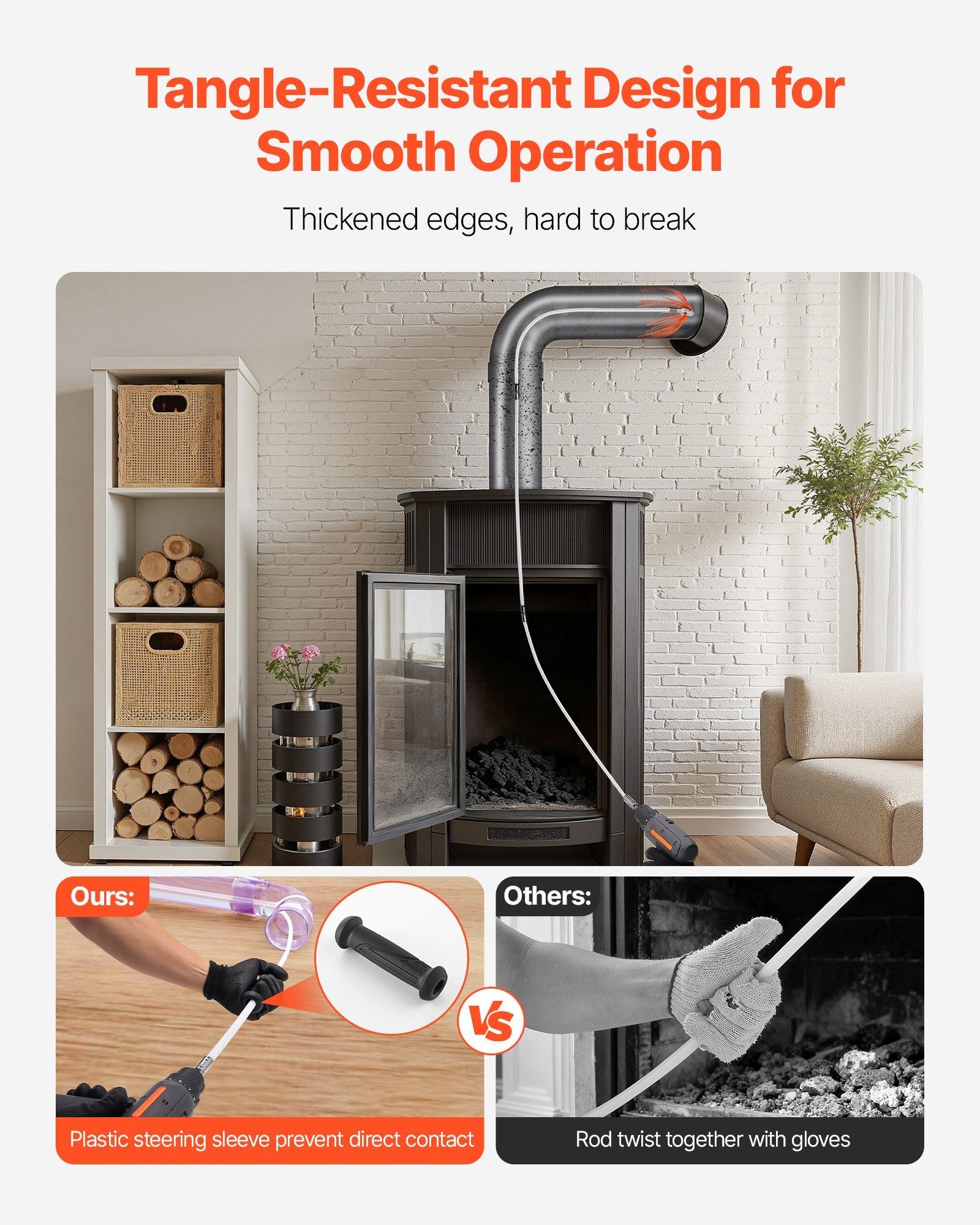 VEVOR Chimney Sweep Kit, 8m Maximum Extendable Length Chimney Brush, Chimneys Cleaning Kit with Bristle Replacements & Goggles, 90° Bendable Fireplace Cleaning Tool, for Square, Rectangle Chimneys